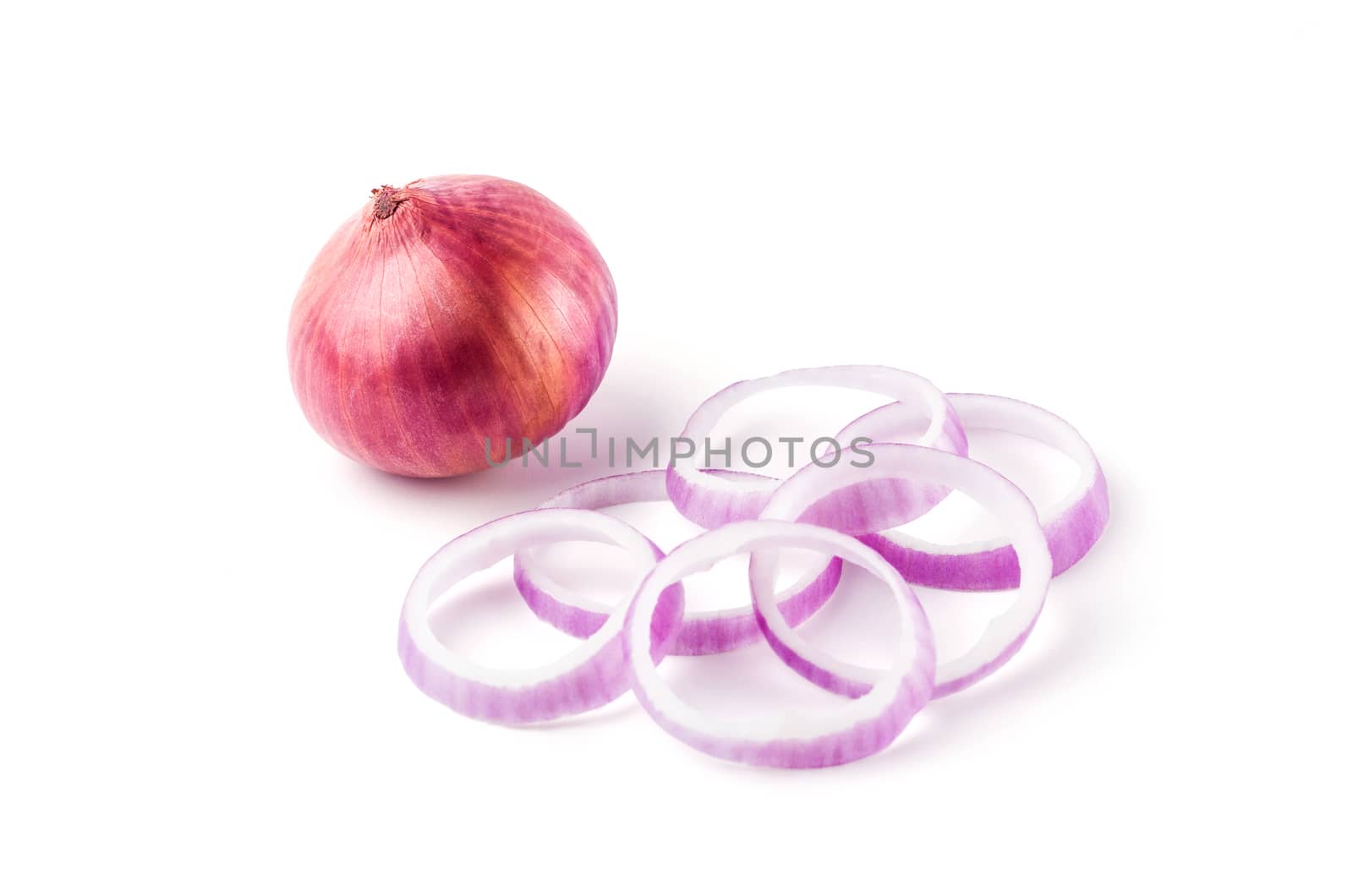 Red sliced onion isolated on white background