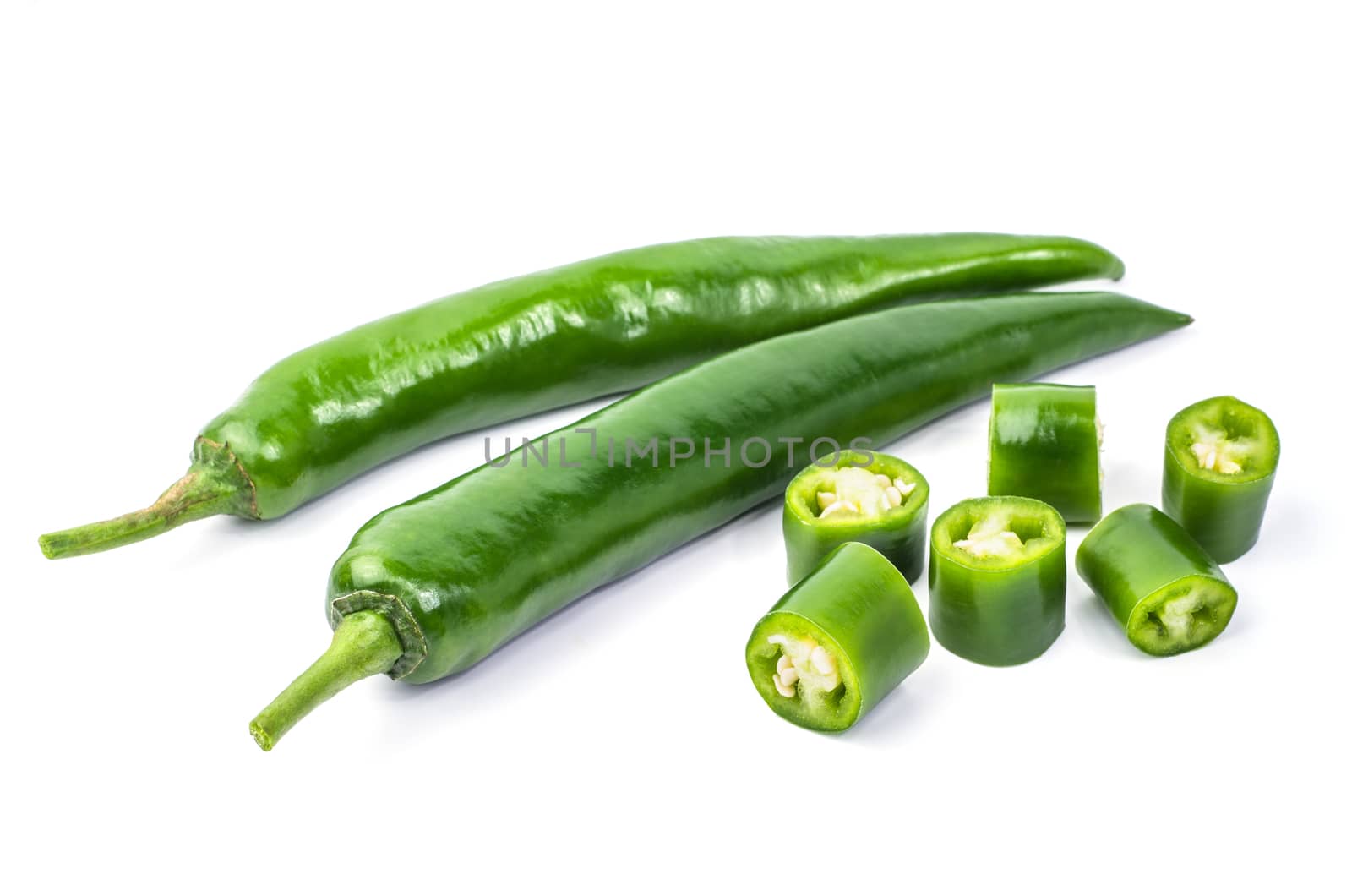 Green chilli pepper isolated on white background.