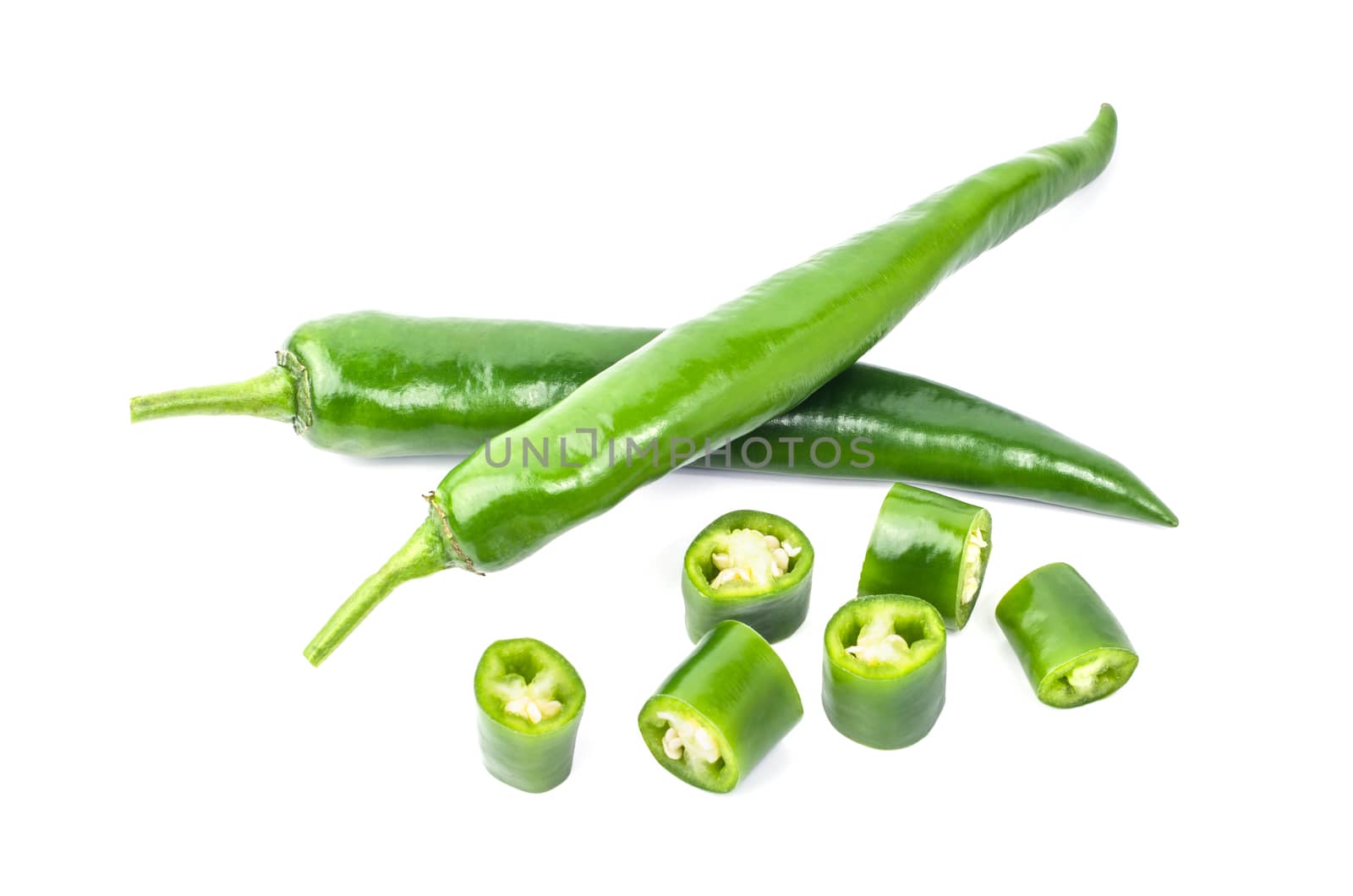 Green chilli pepper isolated on white background.