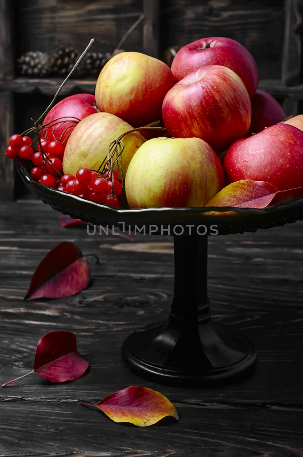 Harvest of juicy autumn apples in vase for fruits