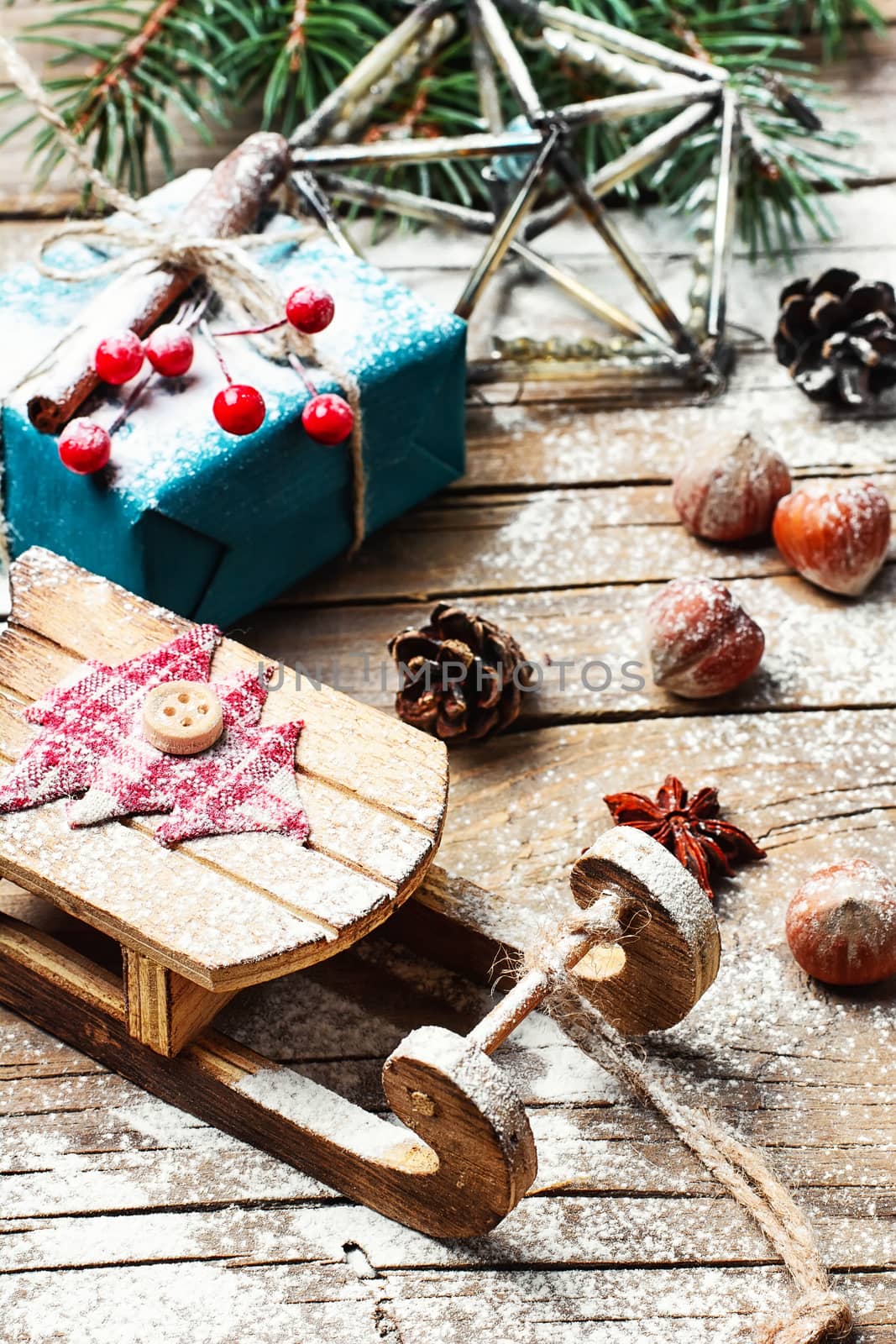 Christmas decoration with sleigh of Santa Claus and gifts