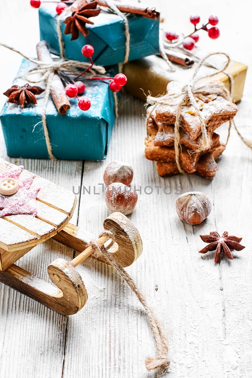 Christmas decoration with sleigh of Santa Claus and gifts
