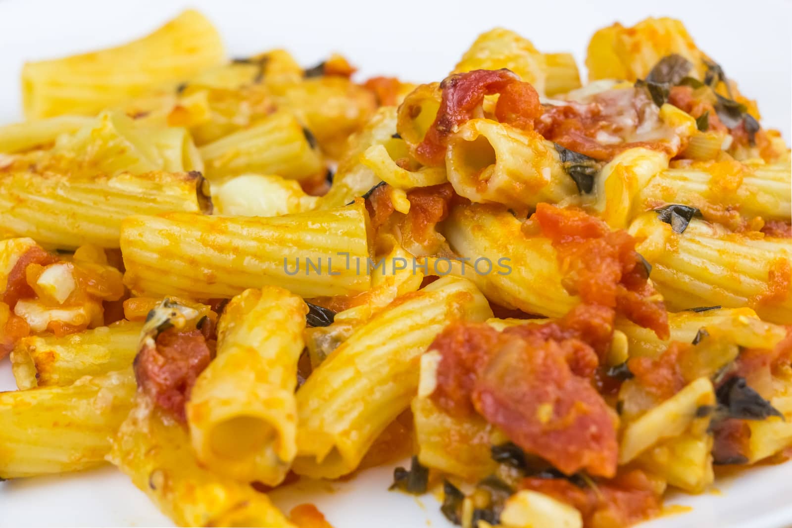 baked tortiglioni pasta with tomato sauce, mozzarella and parmesan cheese in plate