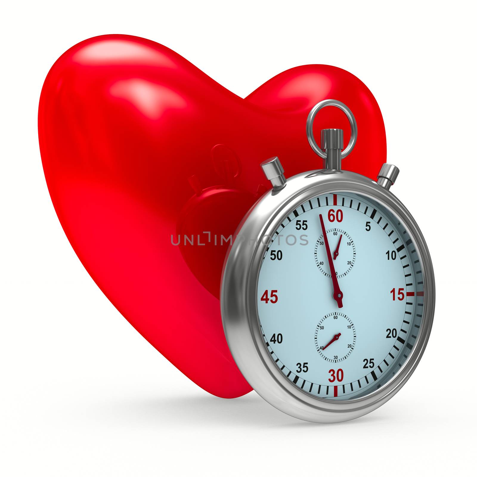 heart and stop watch on white background. Isolated 3D image