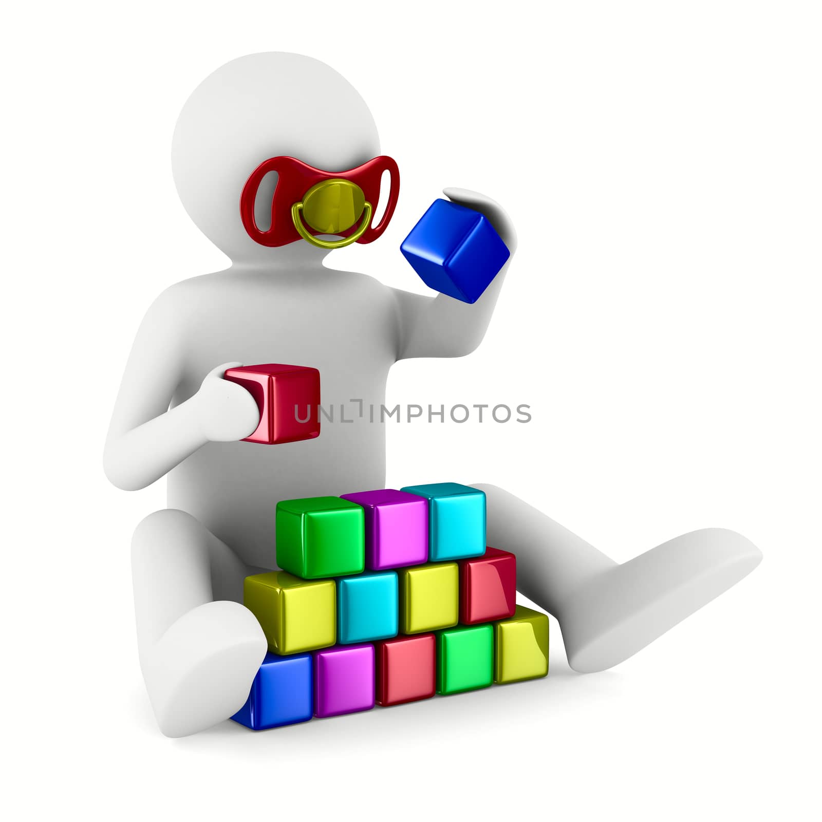 child plays cubes on white. Isolated 3D image