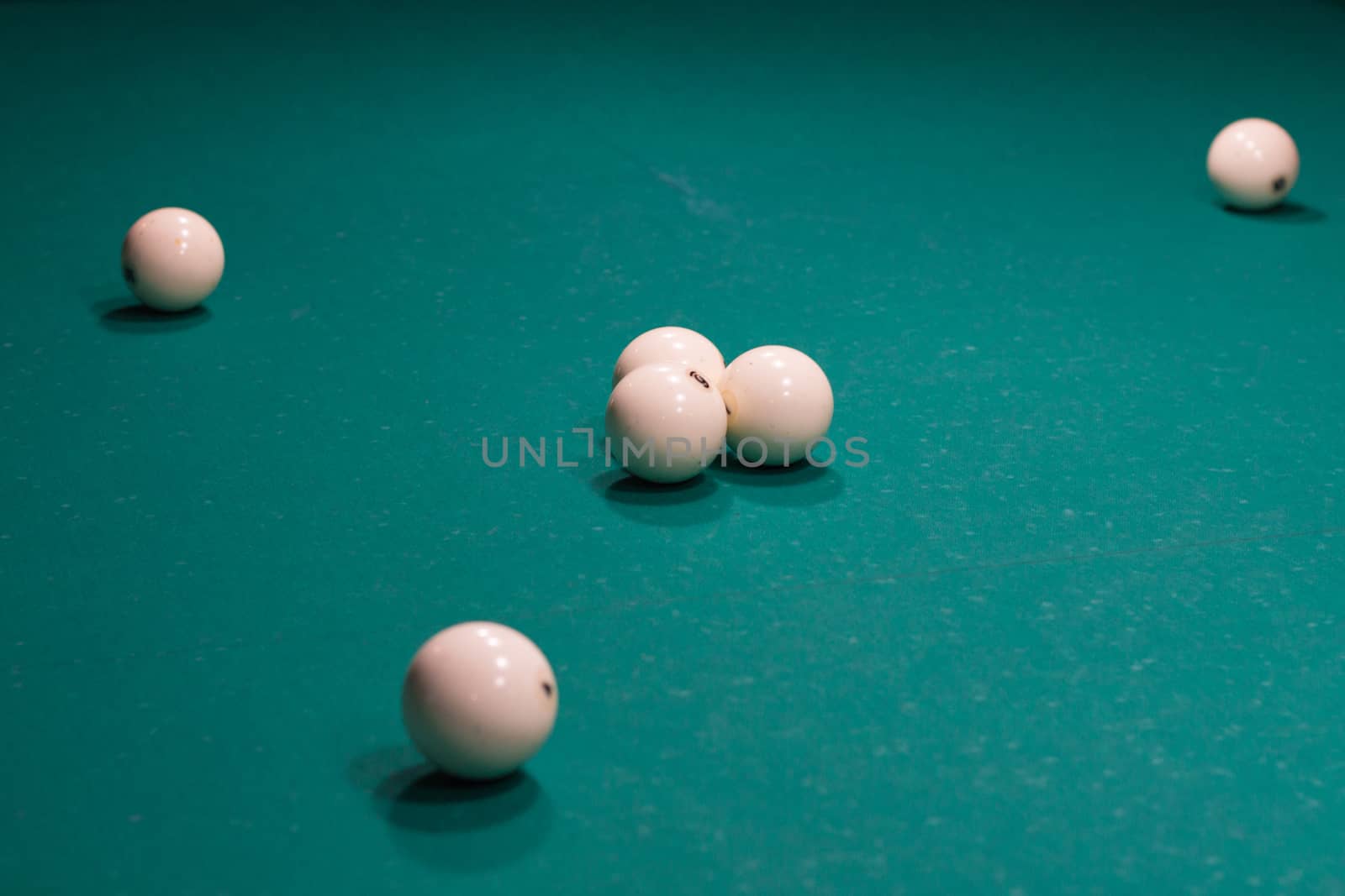 Close-up of Russian billiard game, balls on green table cloth