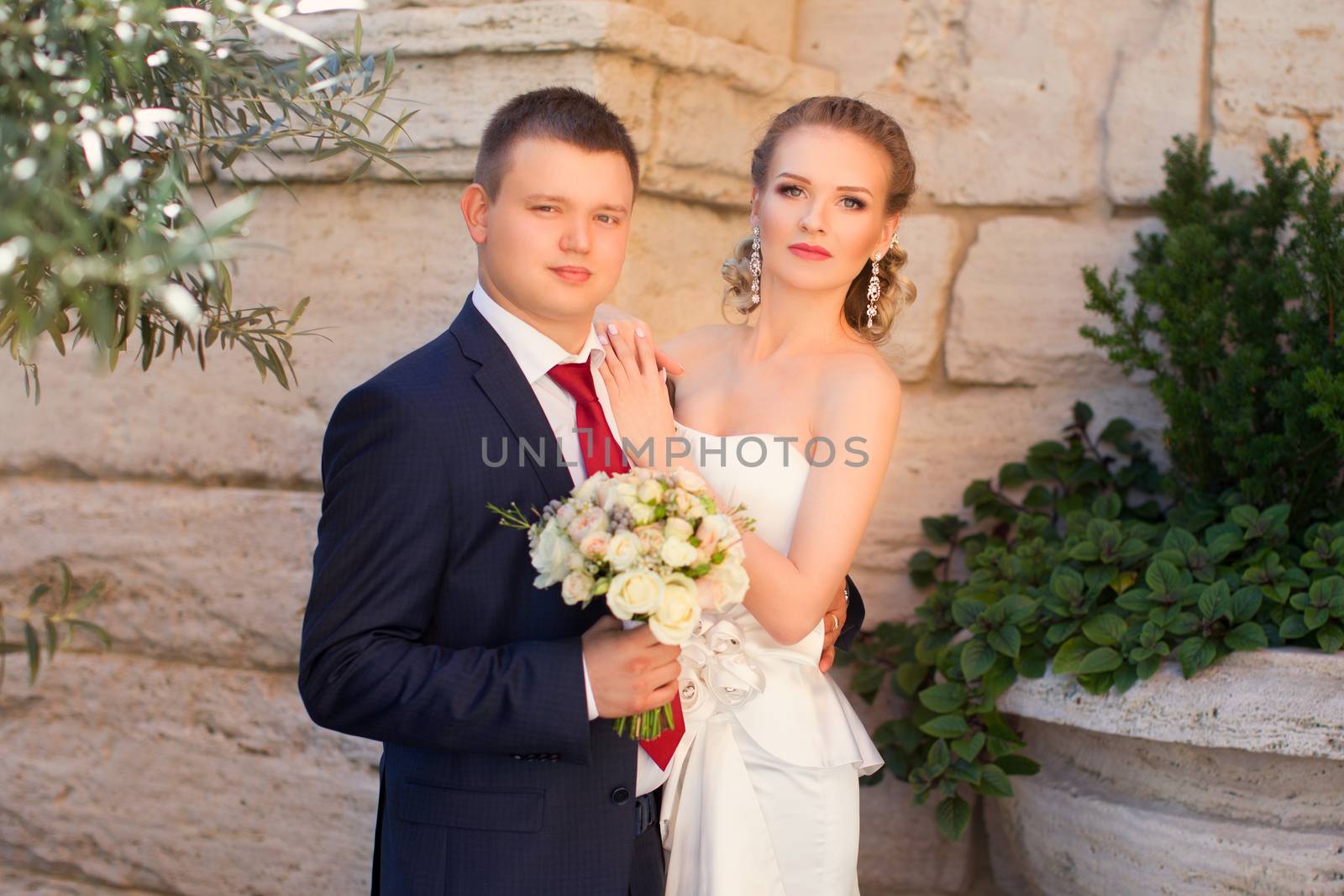 Stylish newlyweds tenderly embraced posing in the photo