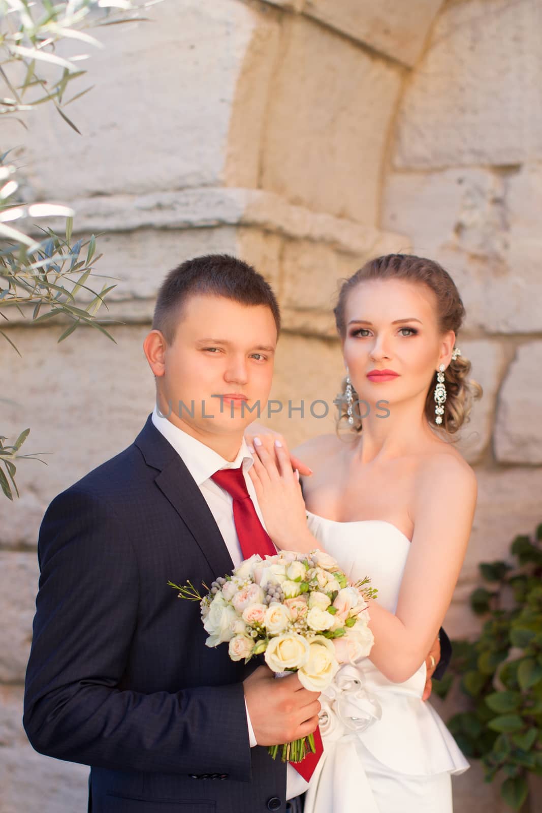 Stylish newlyweds tenderly embraced posing in the photo