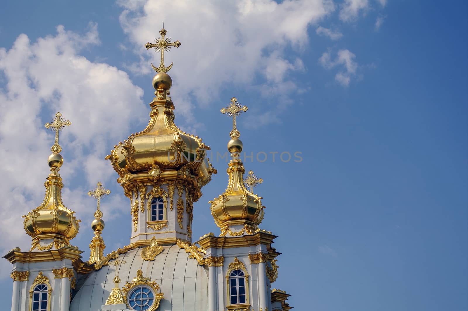 PETERHOF, SAINT PETERSBURG, RUSSIA - JUNE 06, 2014: top of tha church. the Upper Park palace was included in the UNESCO World Heritage List by evolutionnow