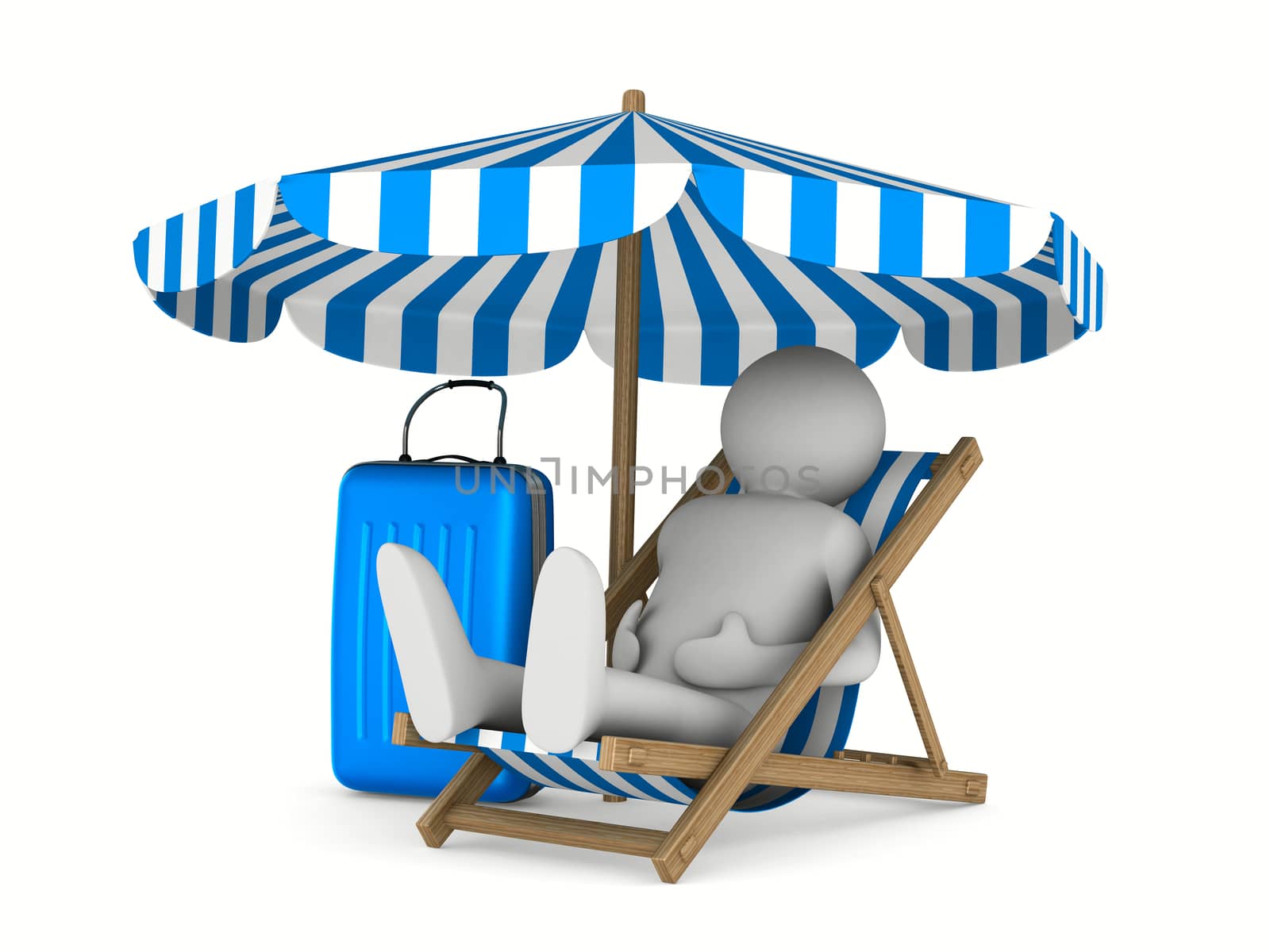Man on deckchair and luggage on white background. Isolated 3D image