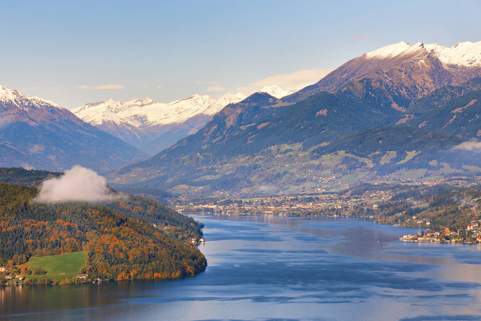 Sunny autumn day on the lake in mountains of south Austria, Carinthia