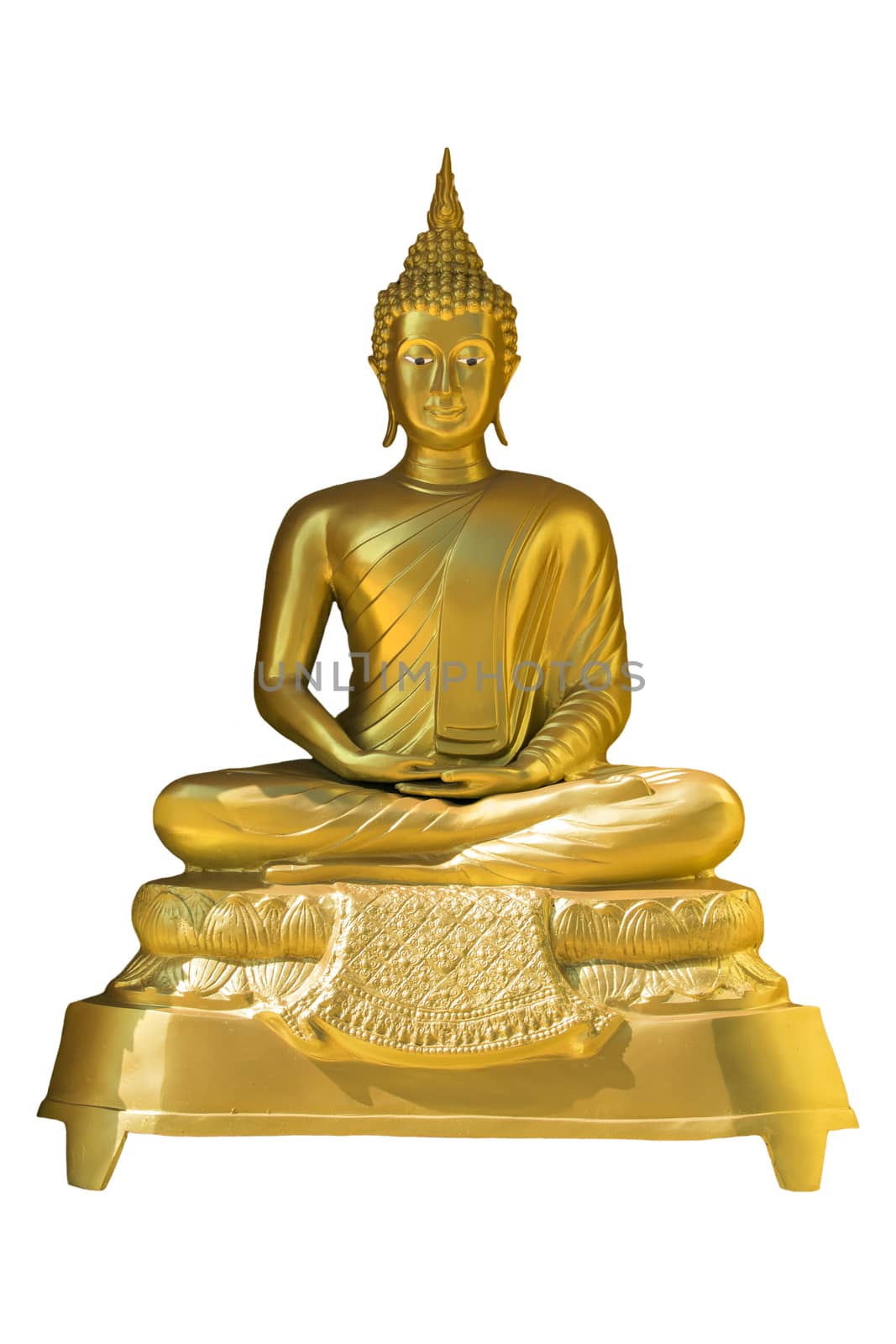 Image of golden buddha statue on white background.