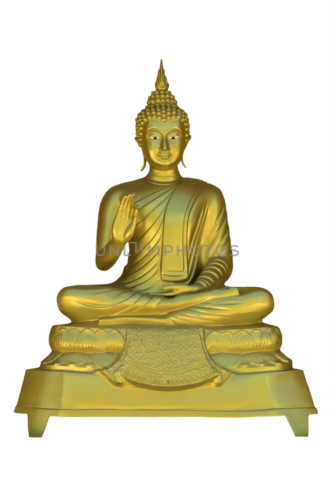 Image of golden buddha statue on white background.