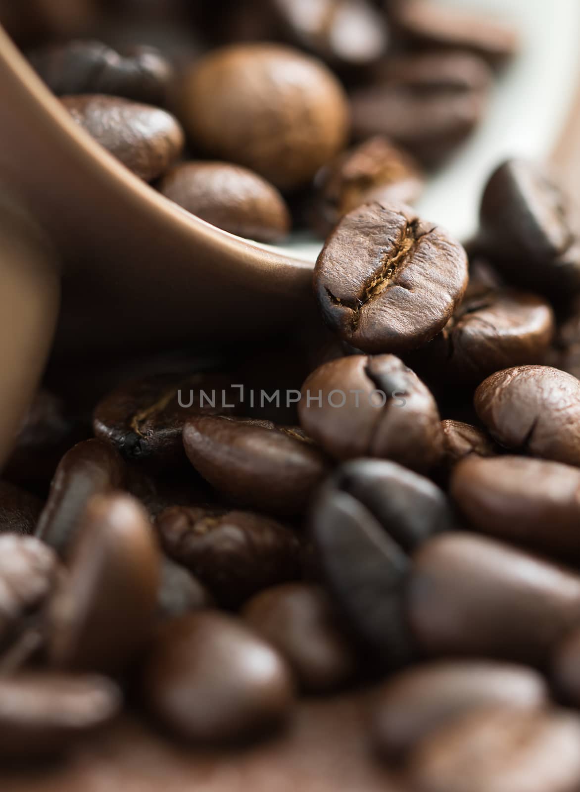 Close up roasted coffee beans and coffee cup