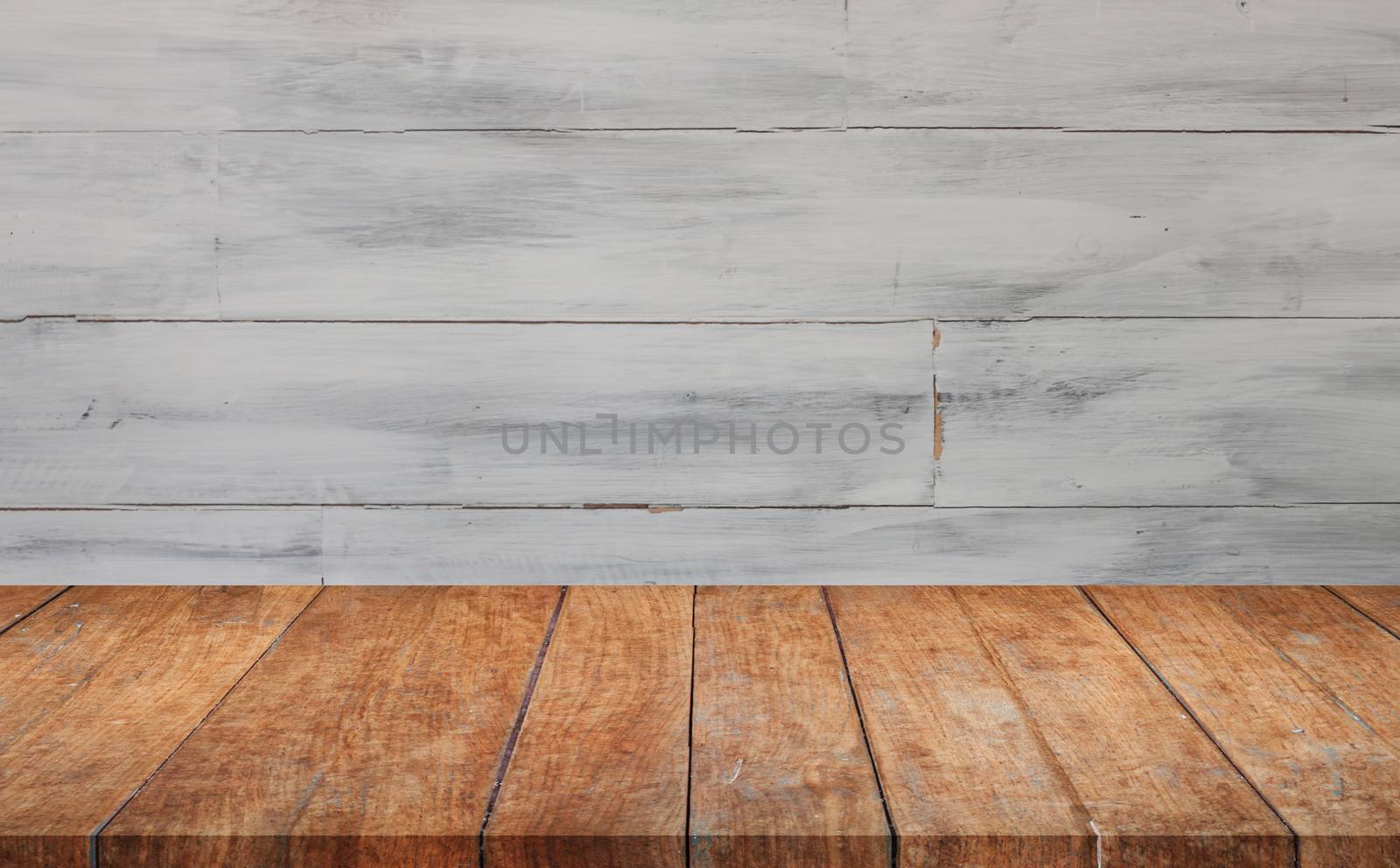 Perspective top wooden with white wooden wall background. product display template