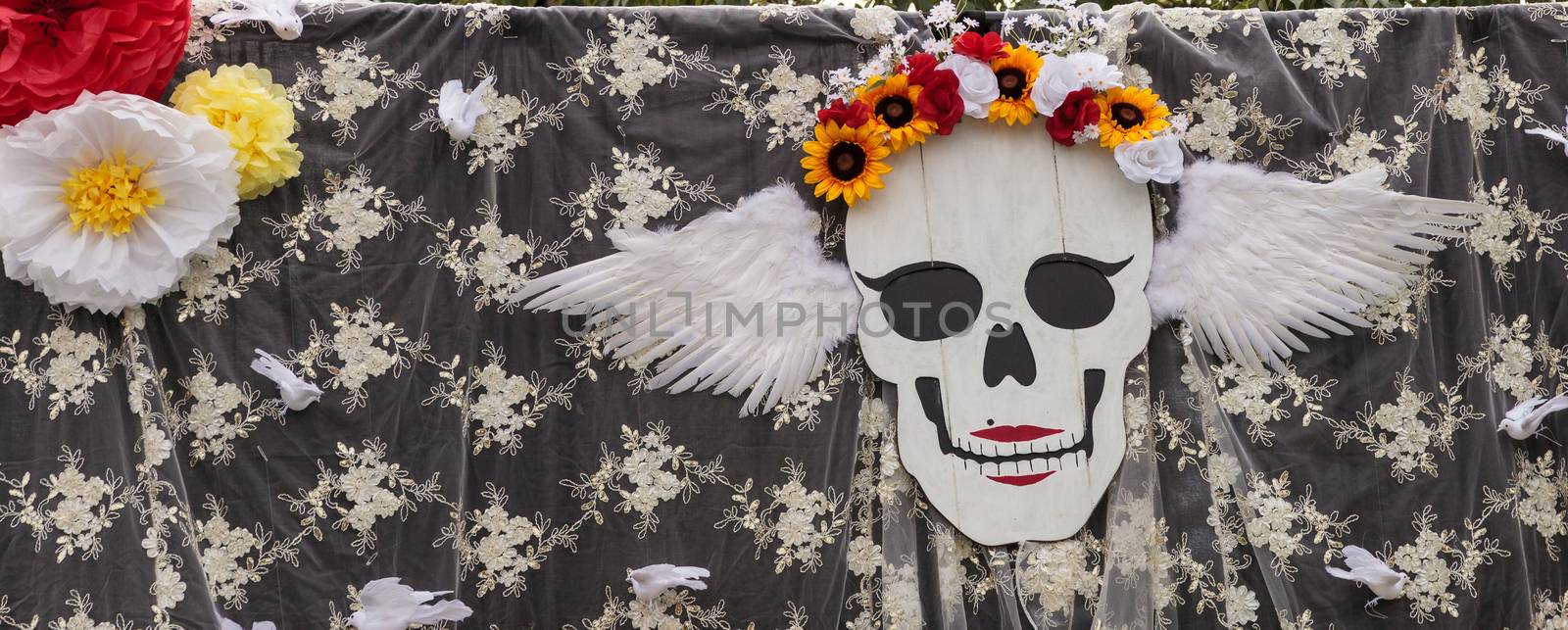 Flower and skeleton alter at Dia de los Muertos, Day of the dead.
