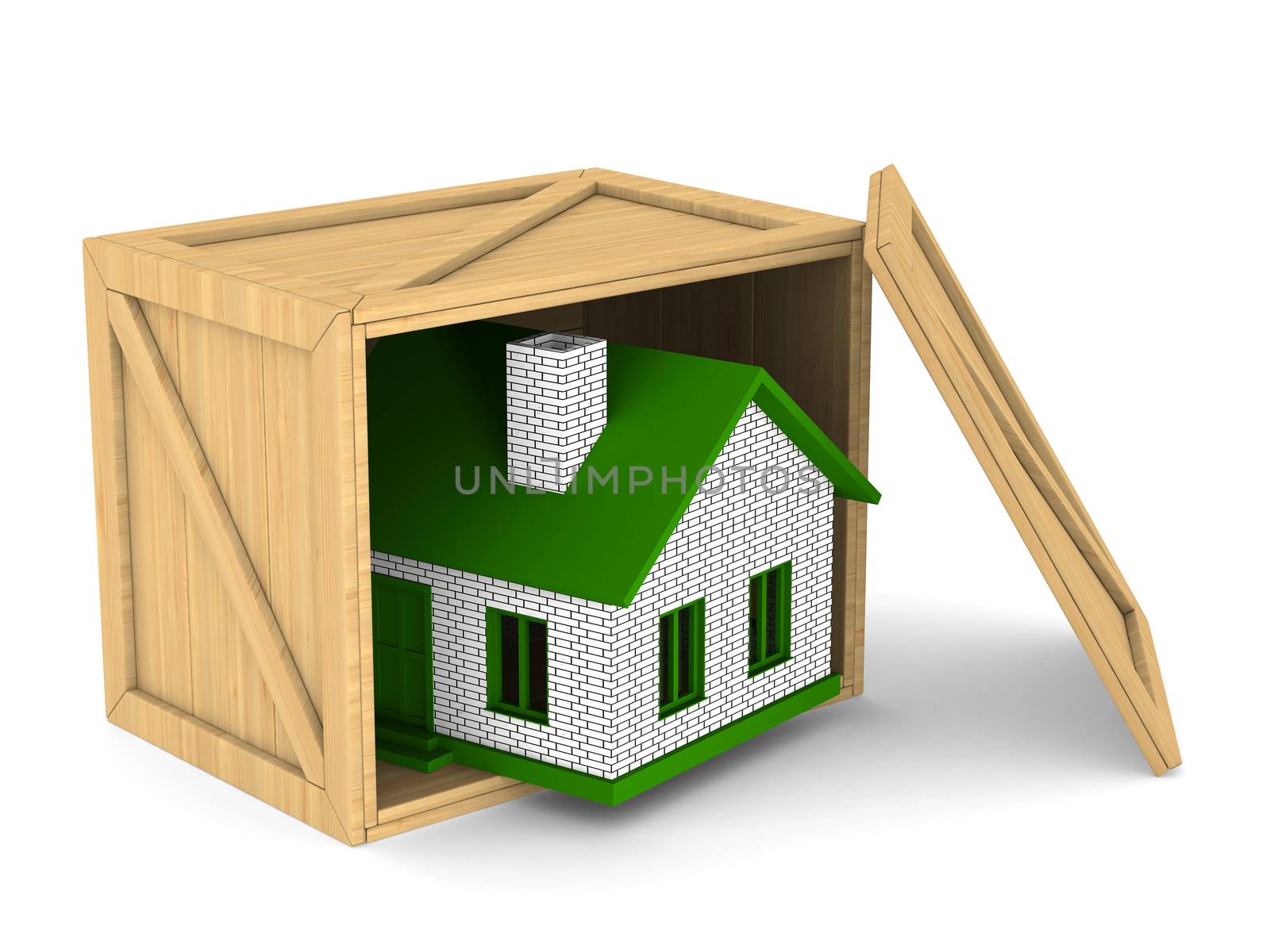 wooden box with house. Isolated 3D image by ISerg