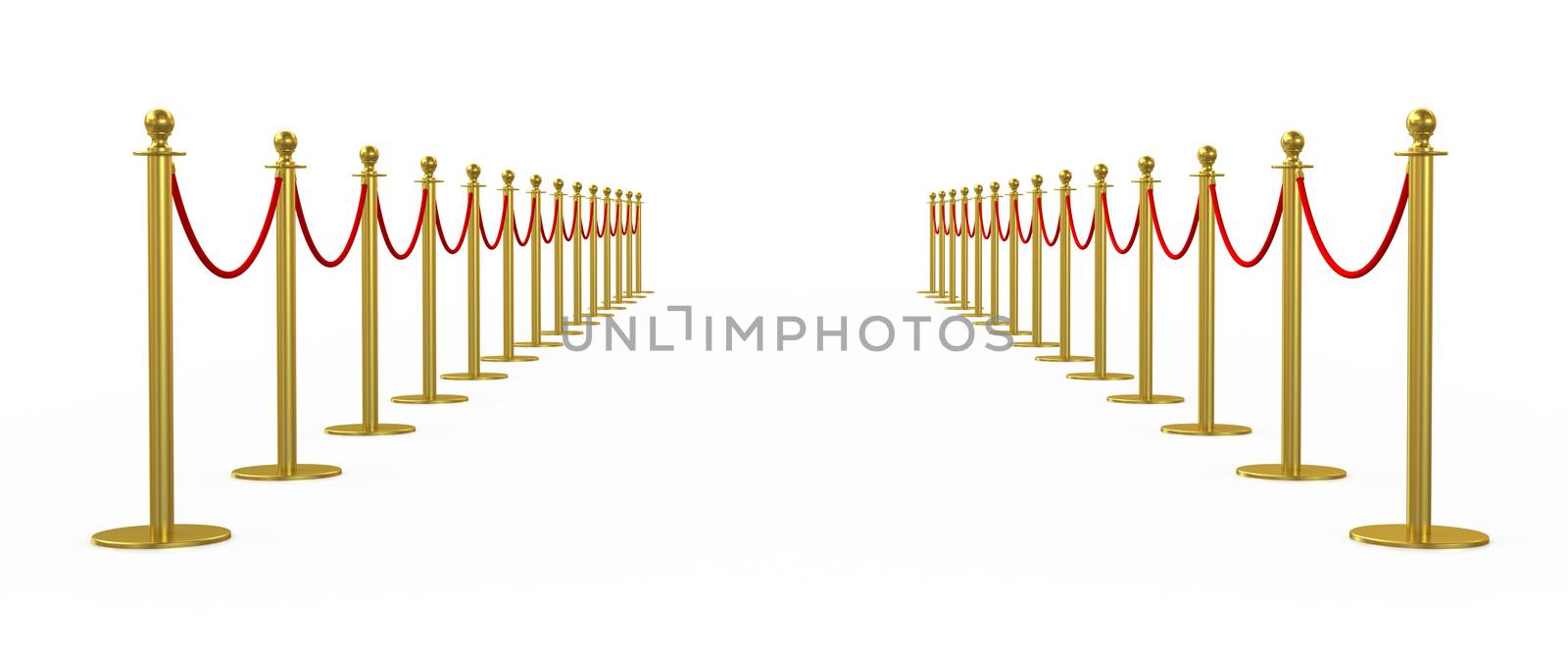 Golden fence, stanchion with red barrier rope, isolated on white background. 3d rendering