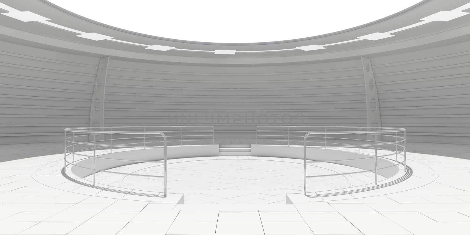 Empty white modern futuristic room. 3D rendering