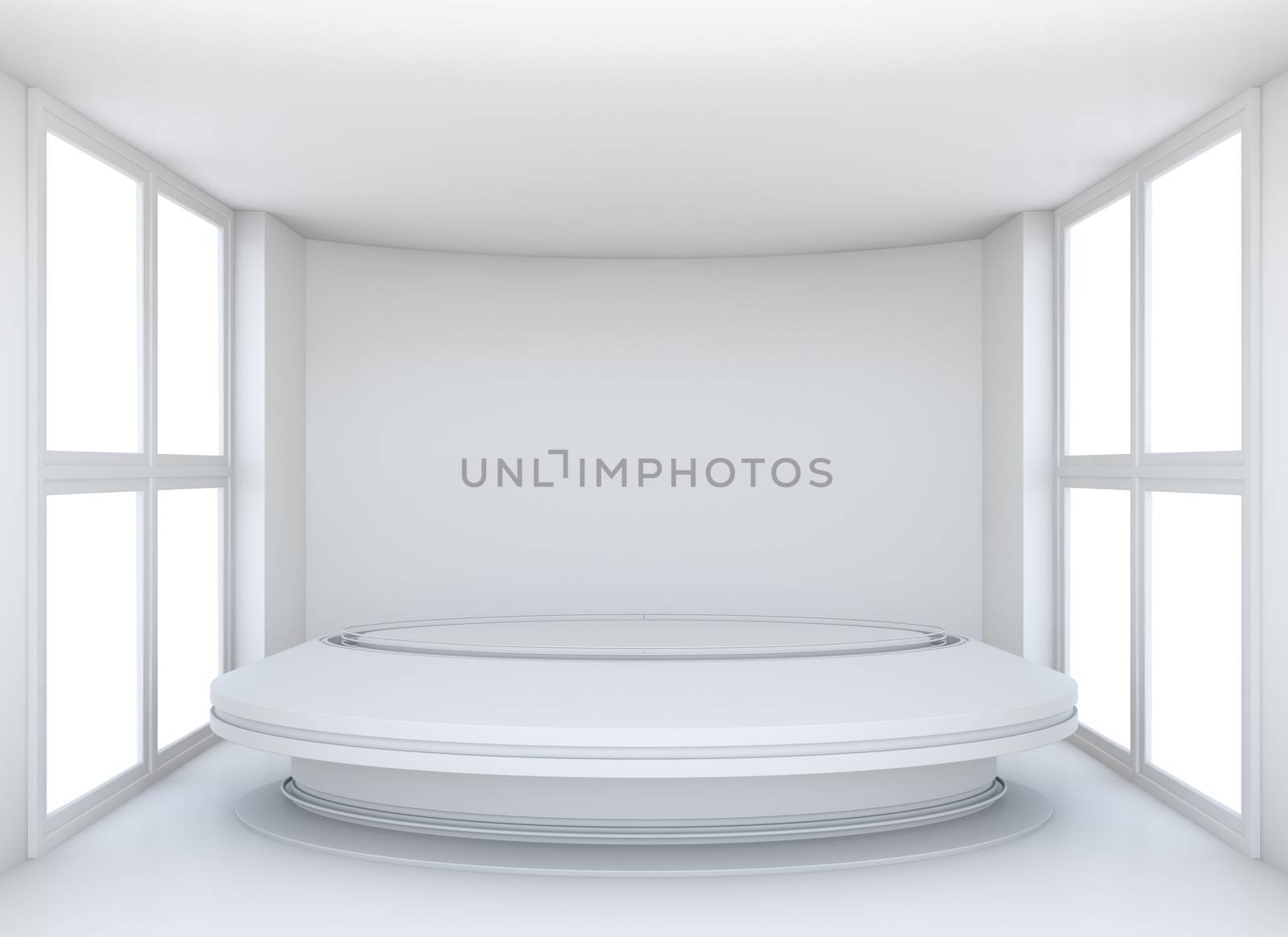 Empty showroom with circle table for exhibit. White background. 3D rendering
