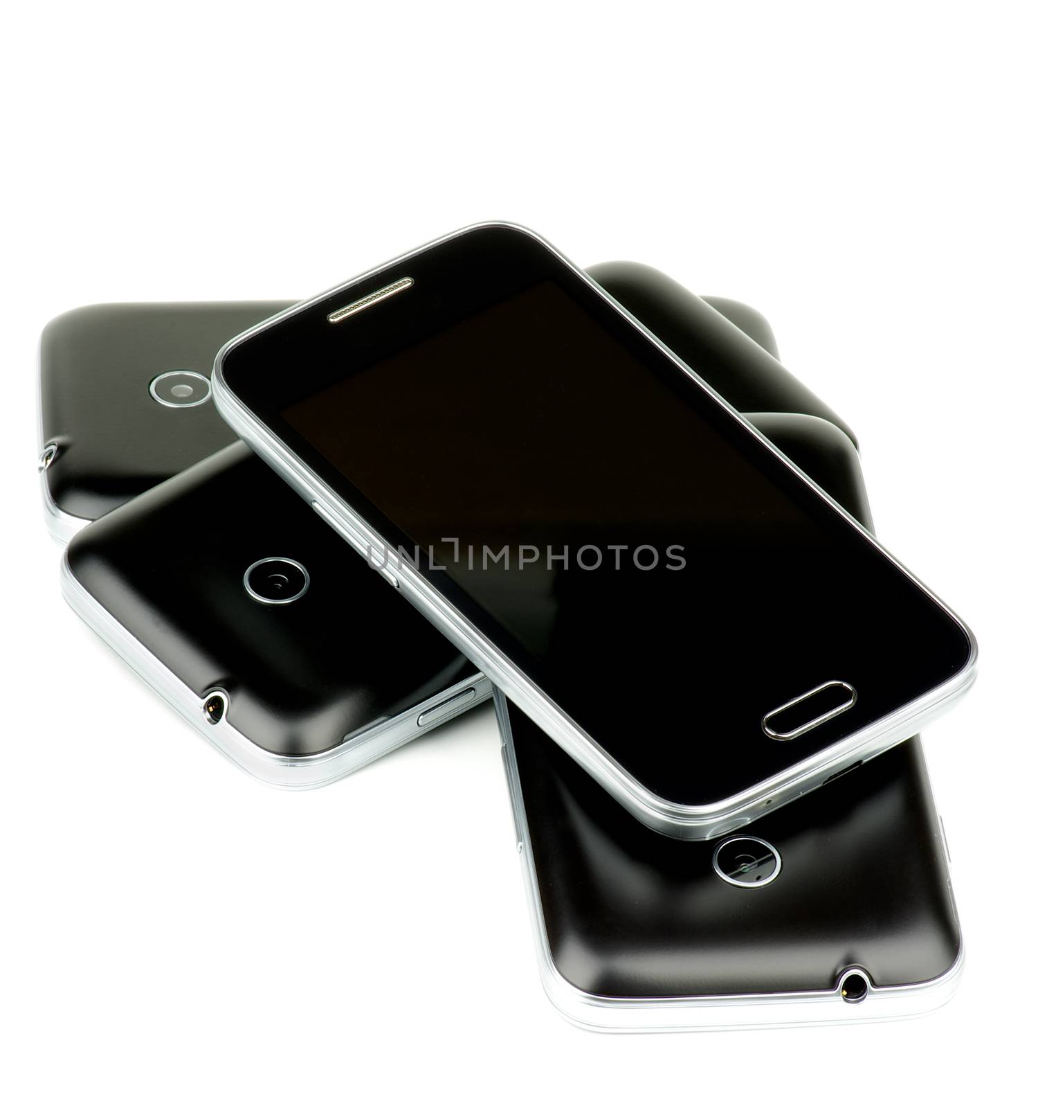 Corner Stack of Black Smartphones with Silver Details and Buttons isolated on white background