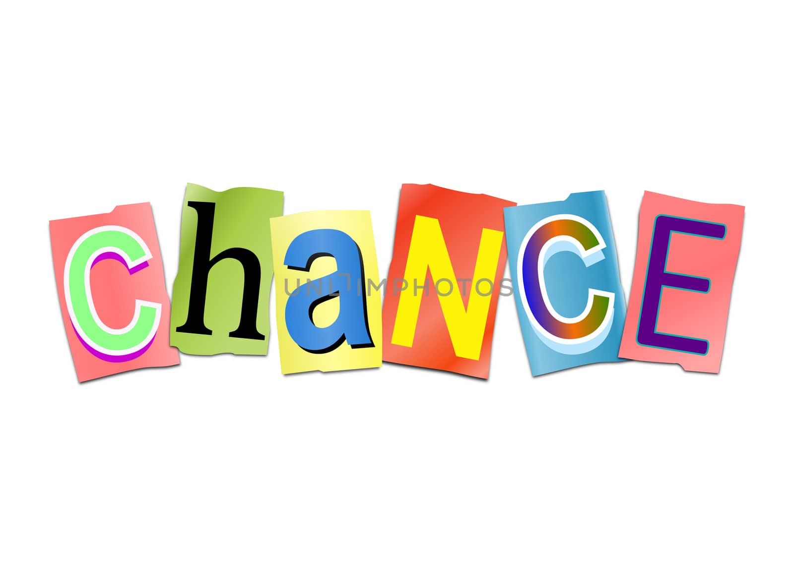 Illustration depicting a set of cut out printed letters arranged to form the word chance.