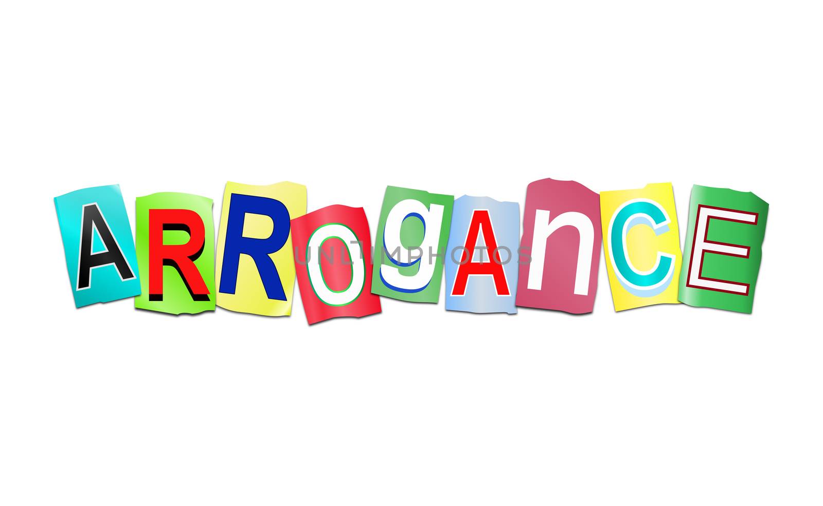Illustration depicting a set of cut out printed letters arranged to form the word arrogance.