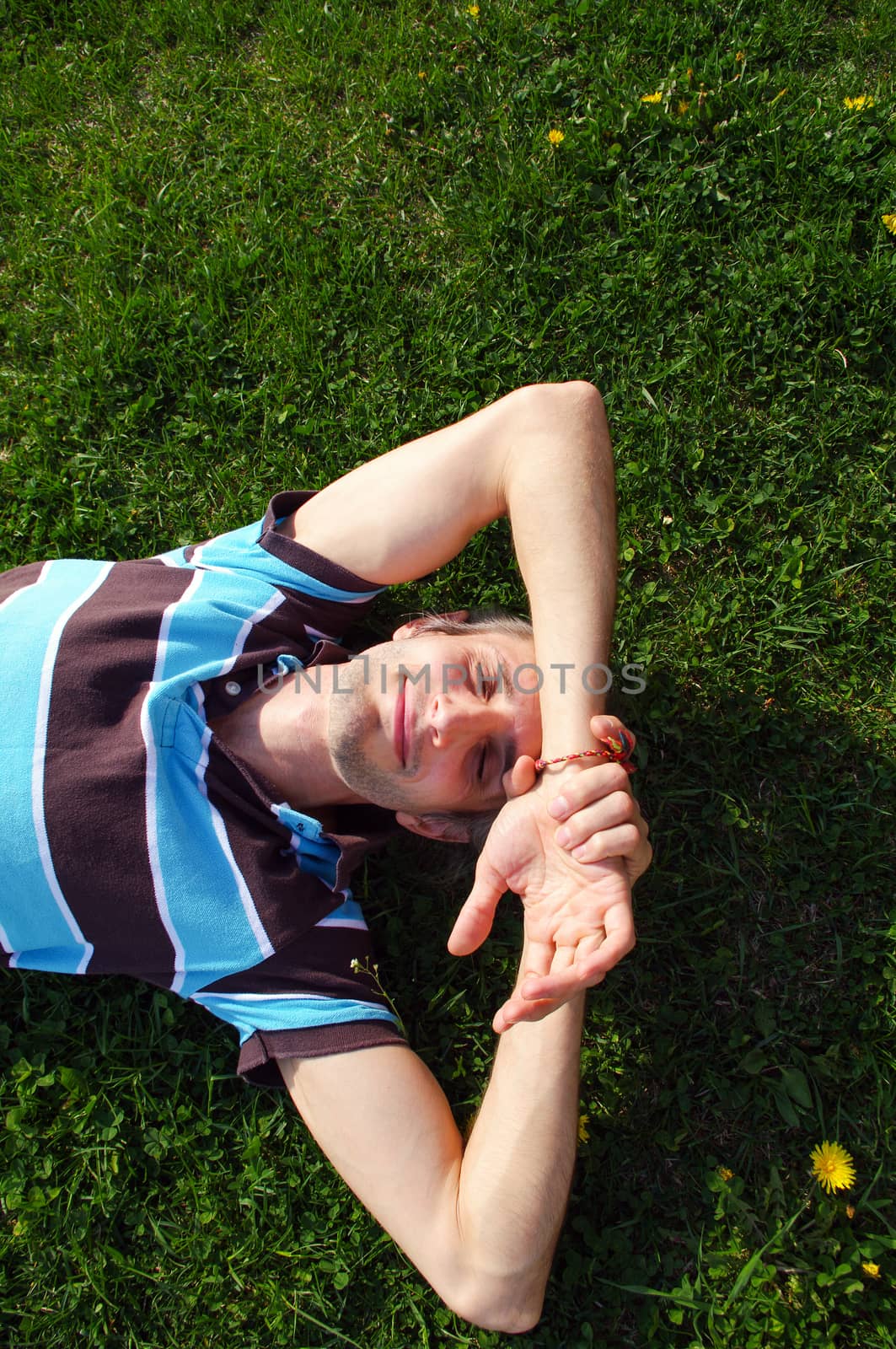 a portrait of a young happy man relaxing on the grass with his hands under the head