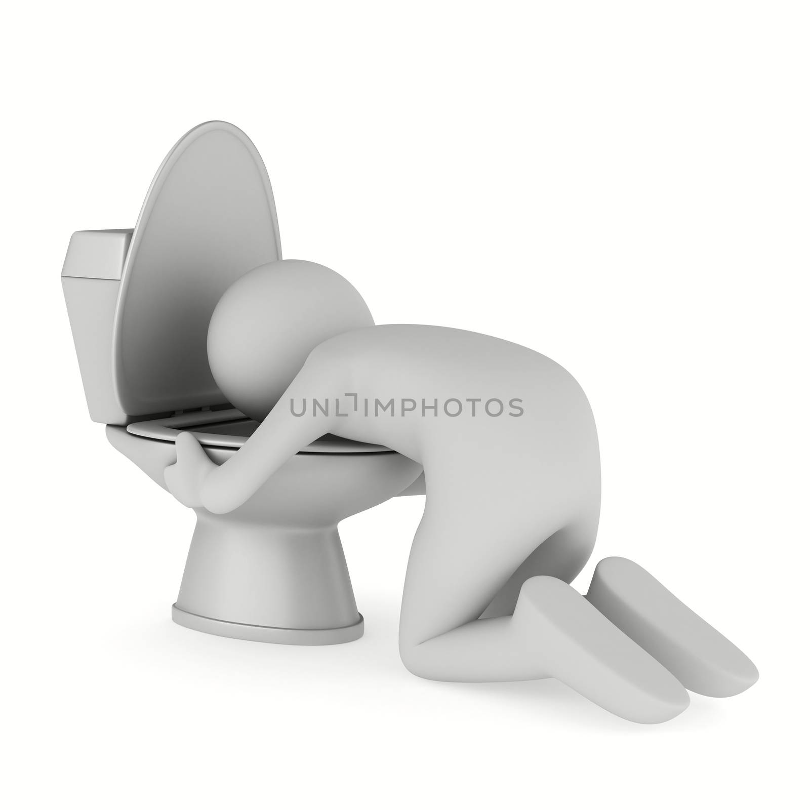 man over toilet bowl on white background. Isolated 3D image by ISerg