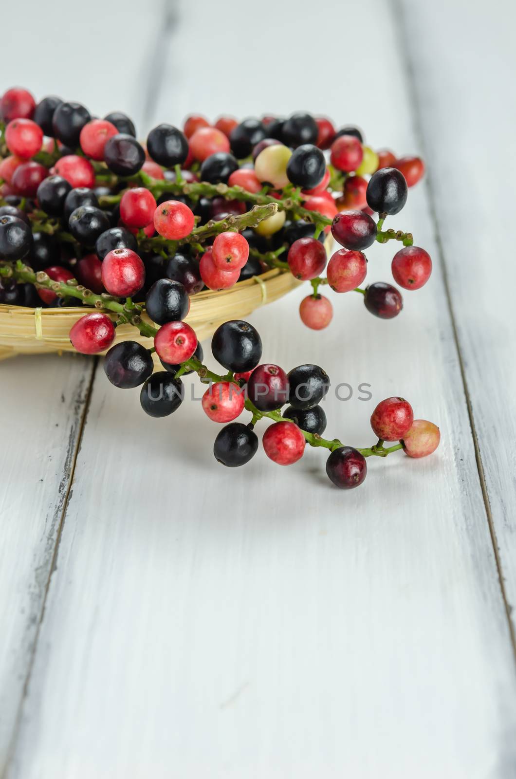 Thai Blueberry in bamboo basket over wooden background