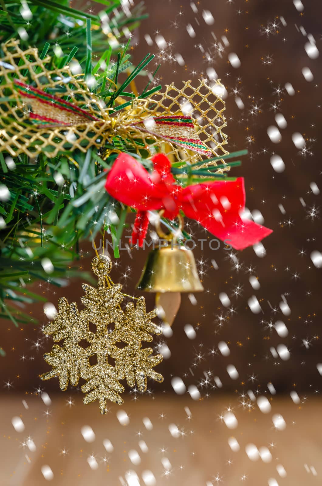 Christmas Decoration With Snow Over Wooden Background