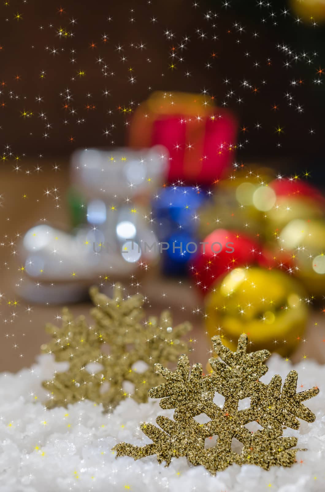 Christmas Decoration With Snow Over Wooden Background