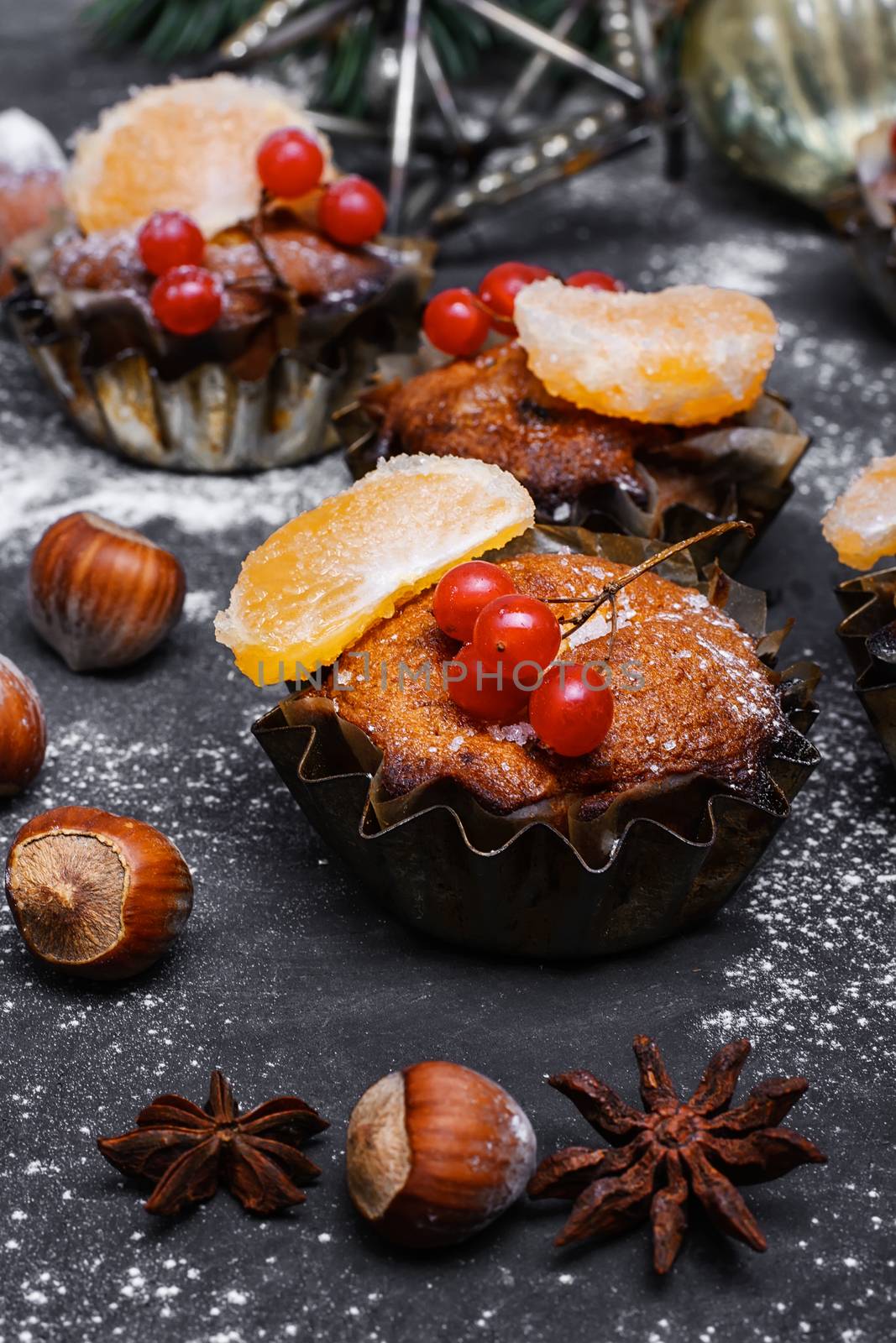 Homemade Christmas cake with tangerine for winter Christmas holidays