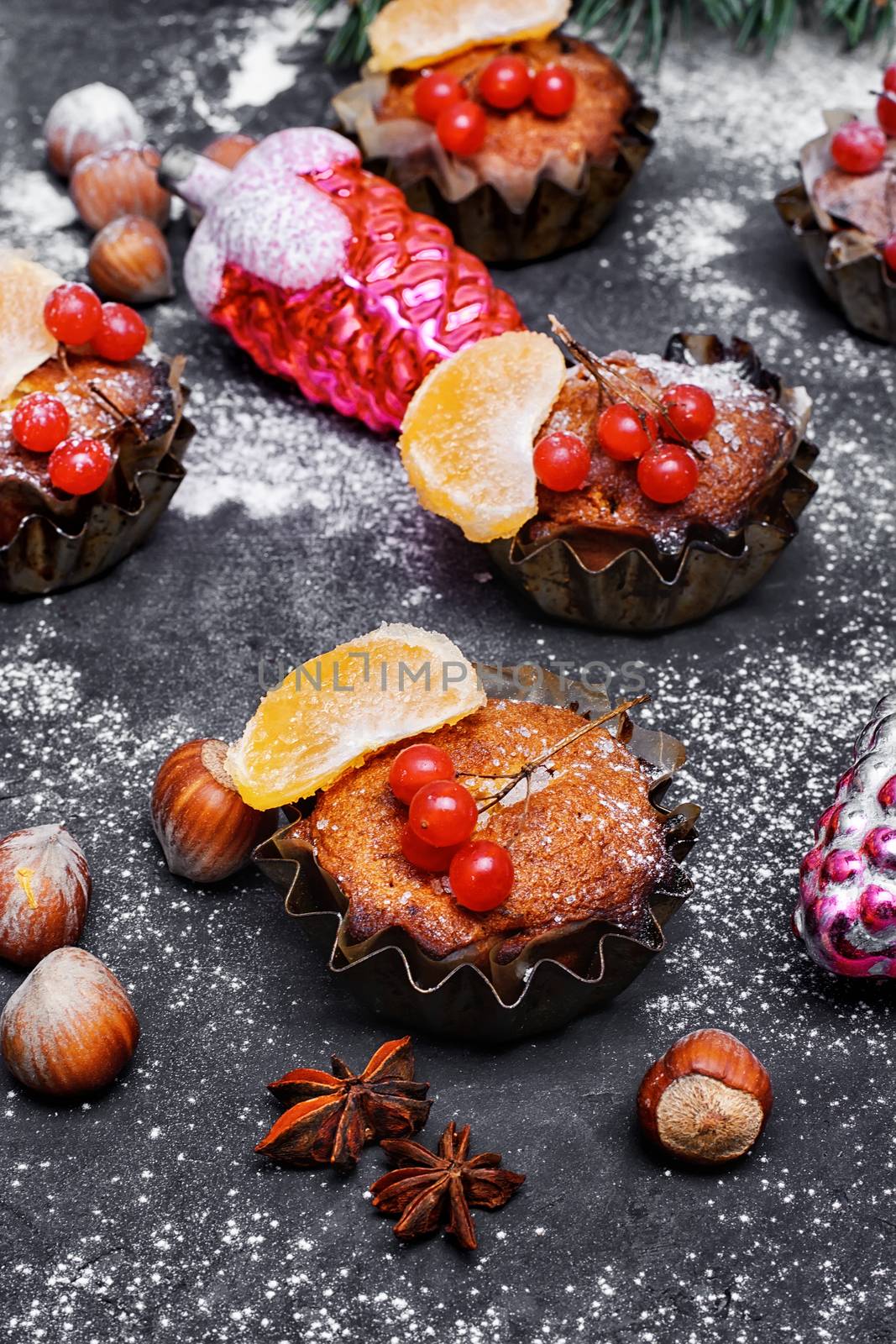 Homemade Christmas cake with tangerine for winter Christmas holidays