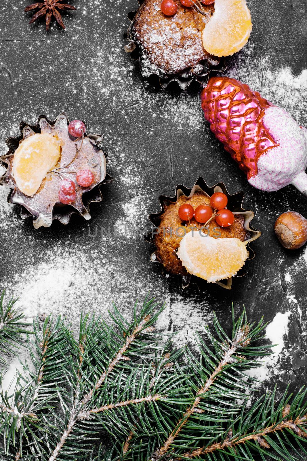 Homemade Christmas cake with tangerine for winter Christmas holidays