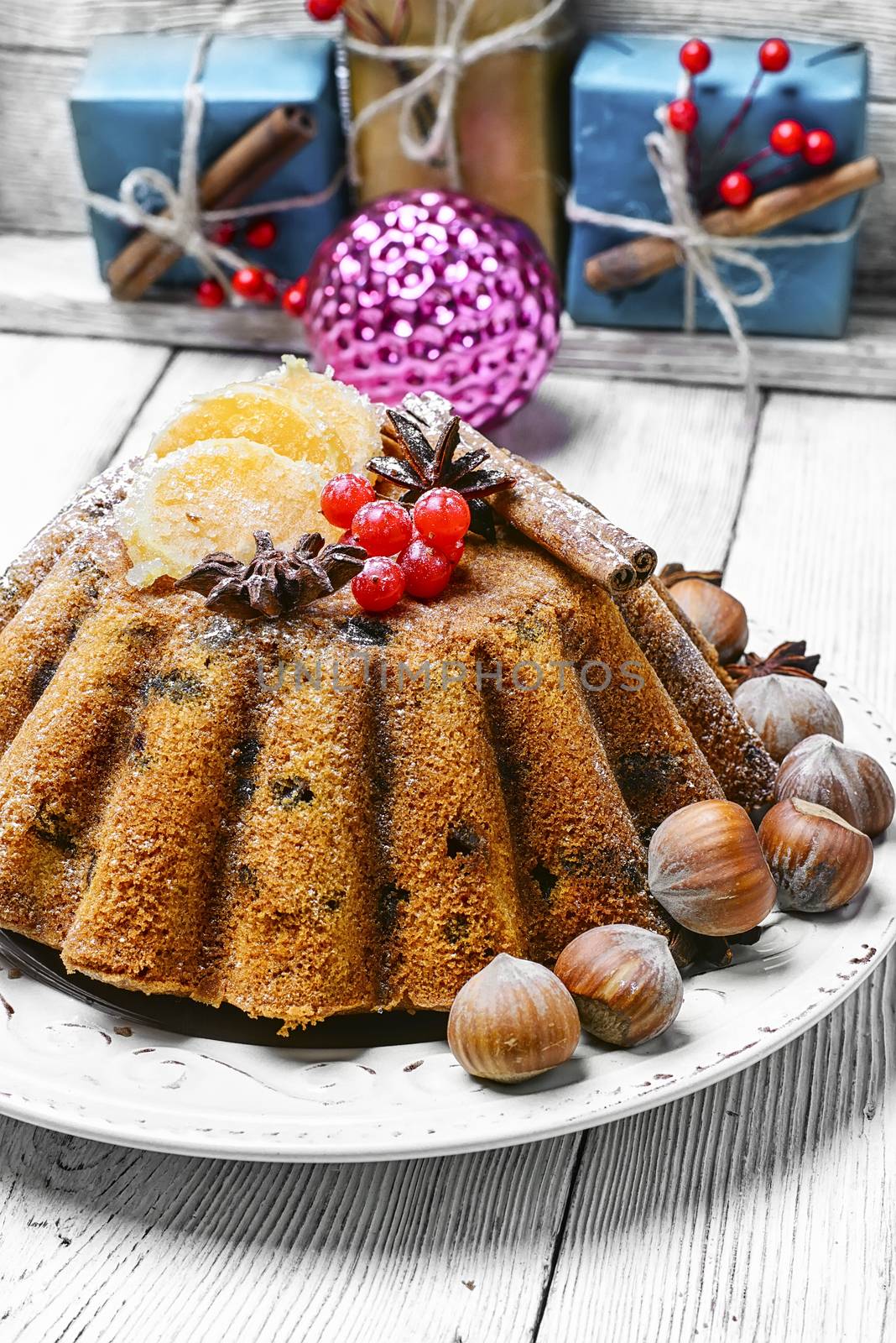 Homemade Christmas cake with tangerine for winter Christmas holidays