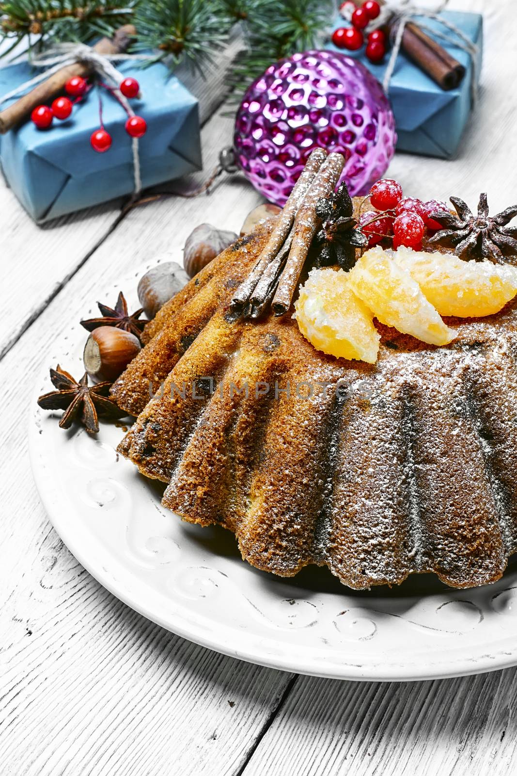 Homemade Christmas cake with tangerine for winter Christmas holidays