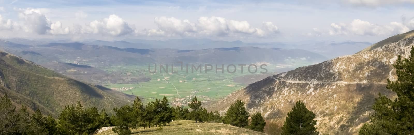 Italy, Apennines Umbria-Marche-Abruzzo: Road Trebbio, Bolognola, Sarnano. Panorama of the mountains Sibillini