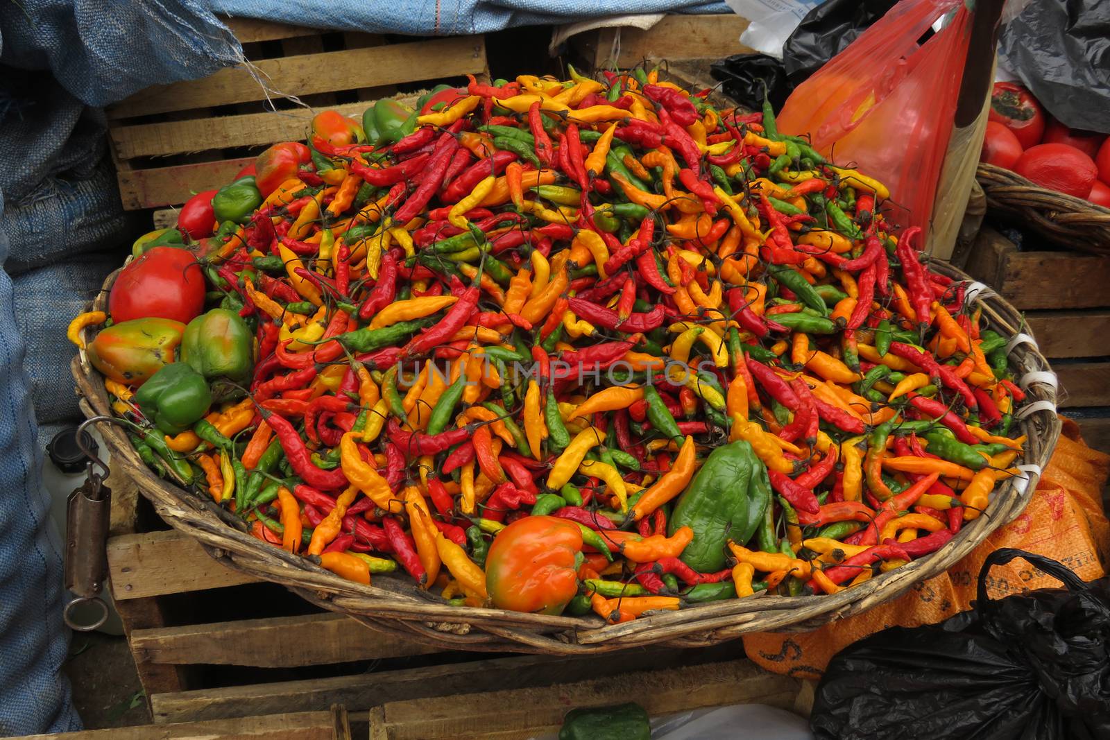 Fresh red, green and yellow chilies at the farmers market, Sucre, Bolivia