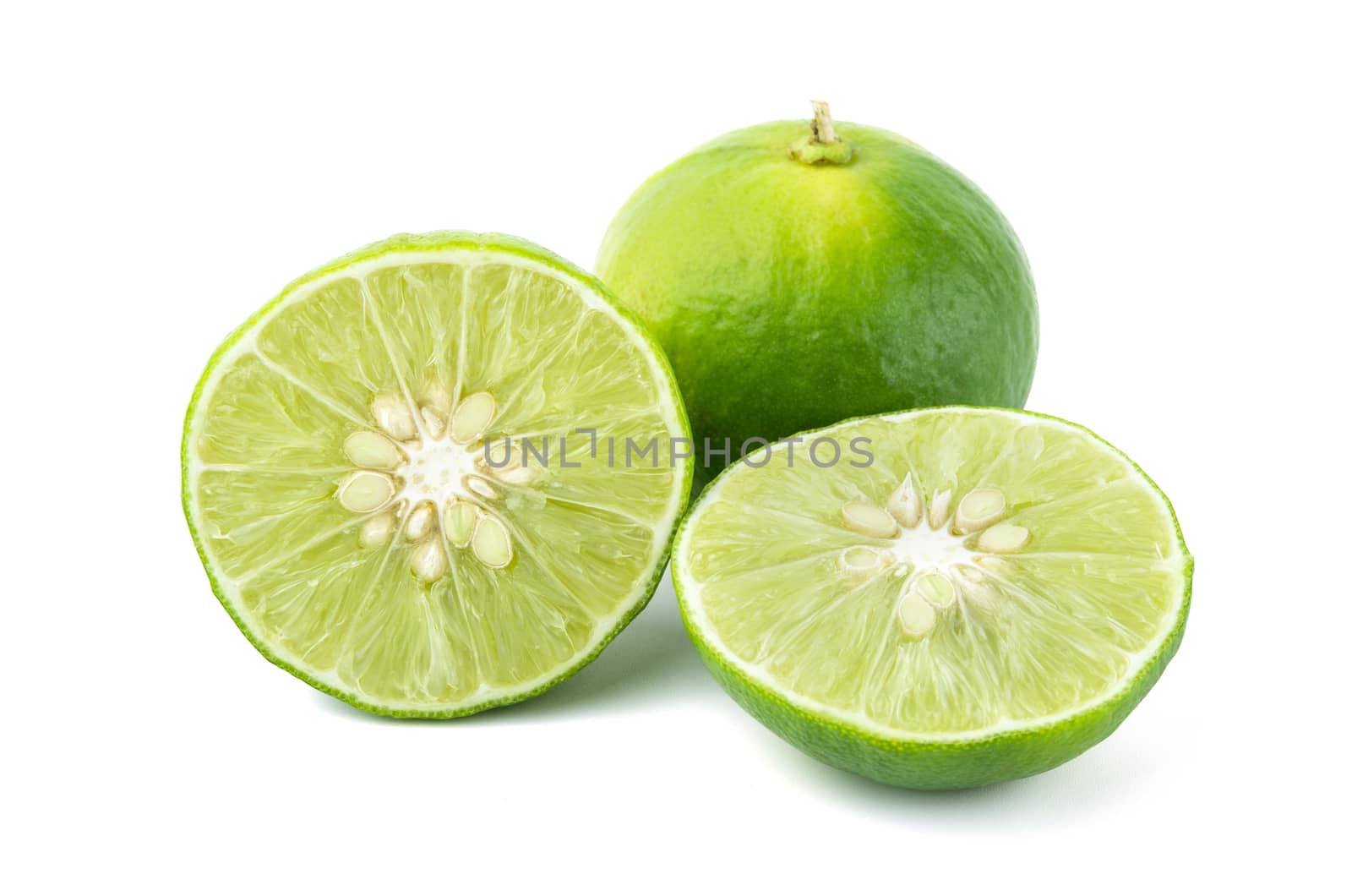 Fresh lime fruit and half of lime isolated on white background