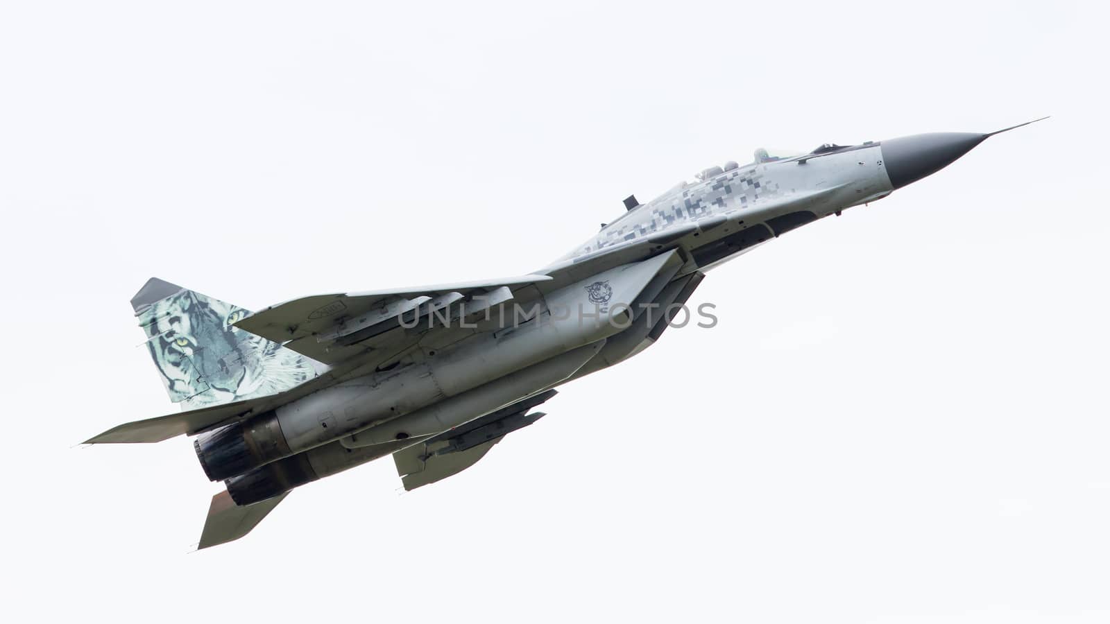 LEEUWARDEN, THE NETHERLANDS - JUNE 10, 2016: Slovak Air Force MiG-29 Fulcrum during a demonstration at the Royal Netherlands Air Force Days