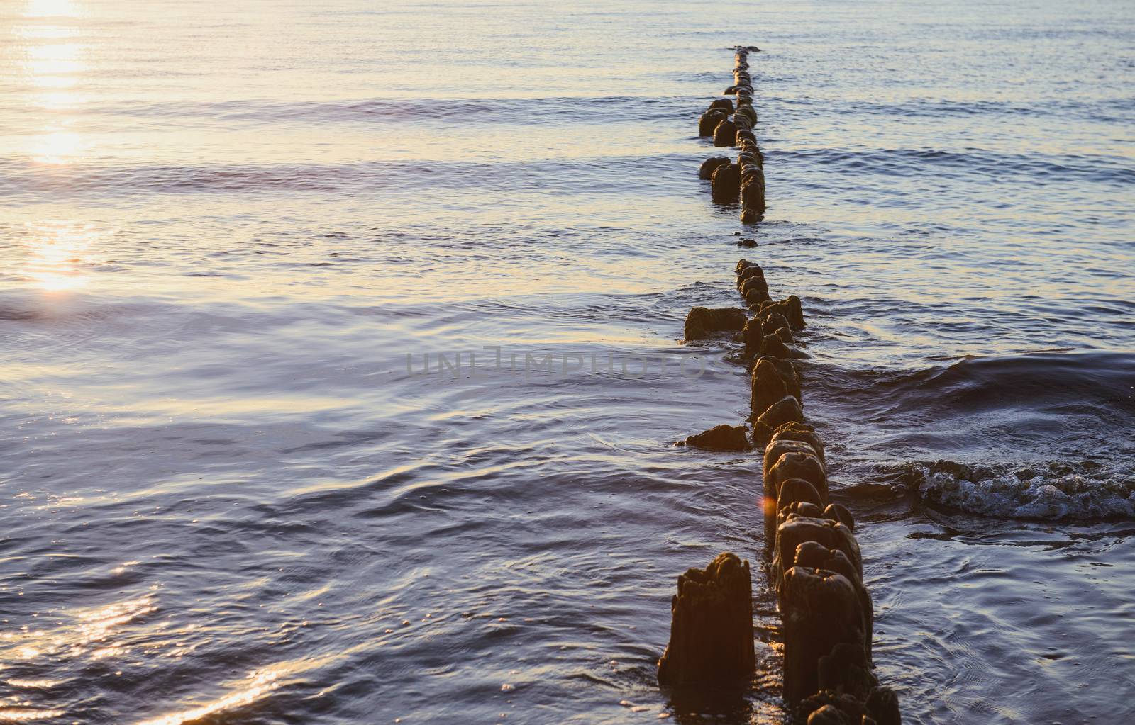 Breakwaters in the Baltic sea over the sunset in summer