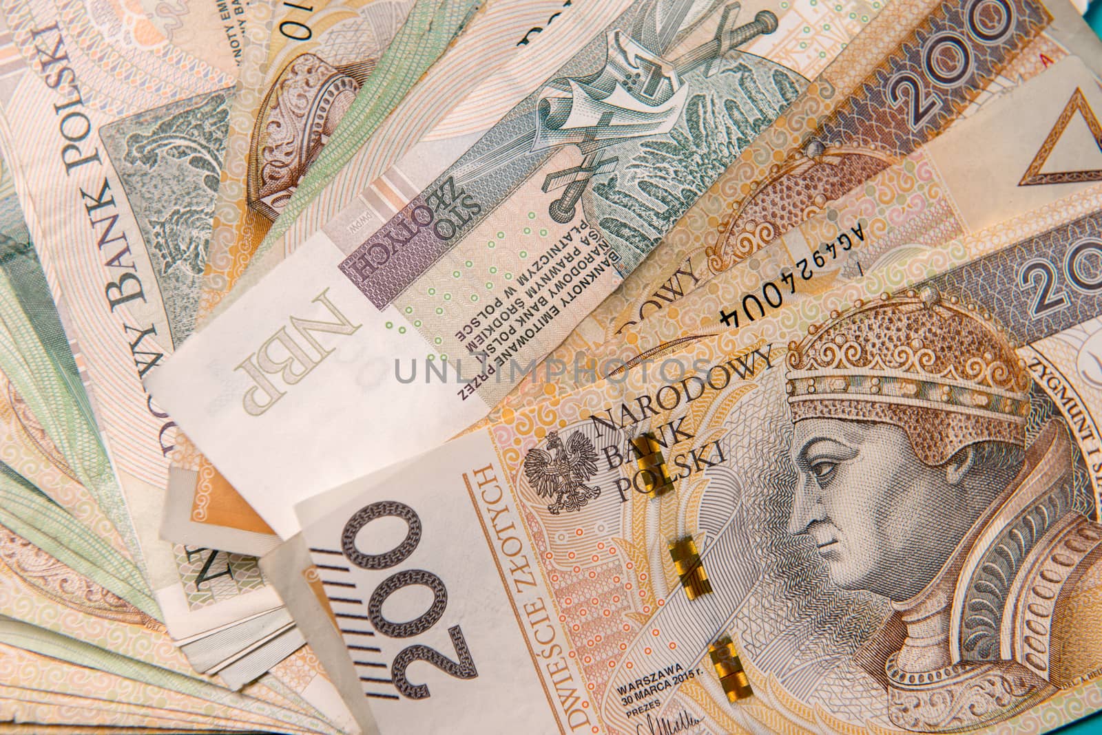 Polish zloty in notes and coins on blue background