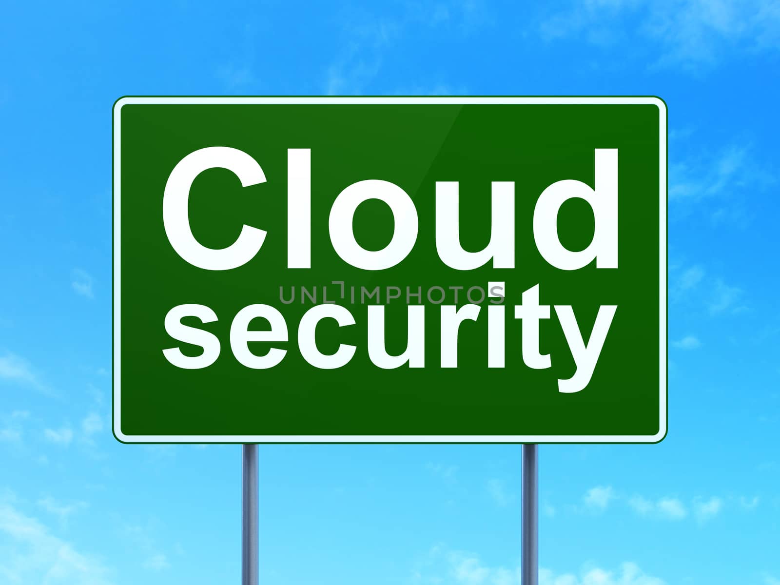 Cloud networking concept: Cloud Security on green road highway sign, clear blue sky background, 3D rendering