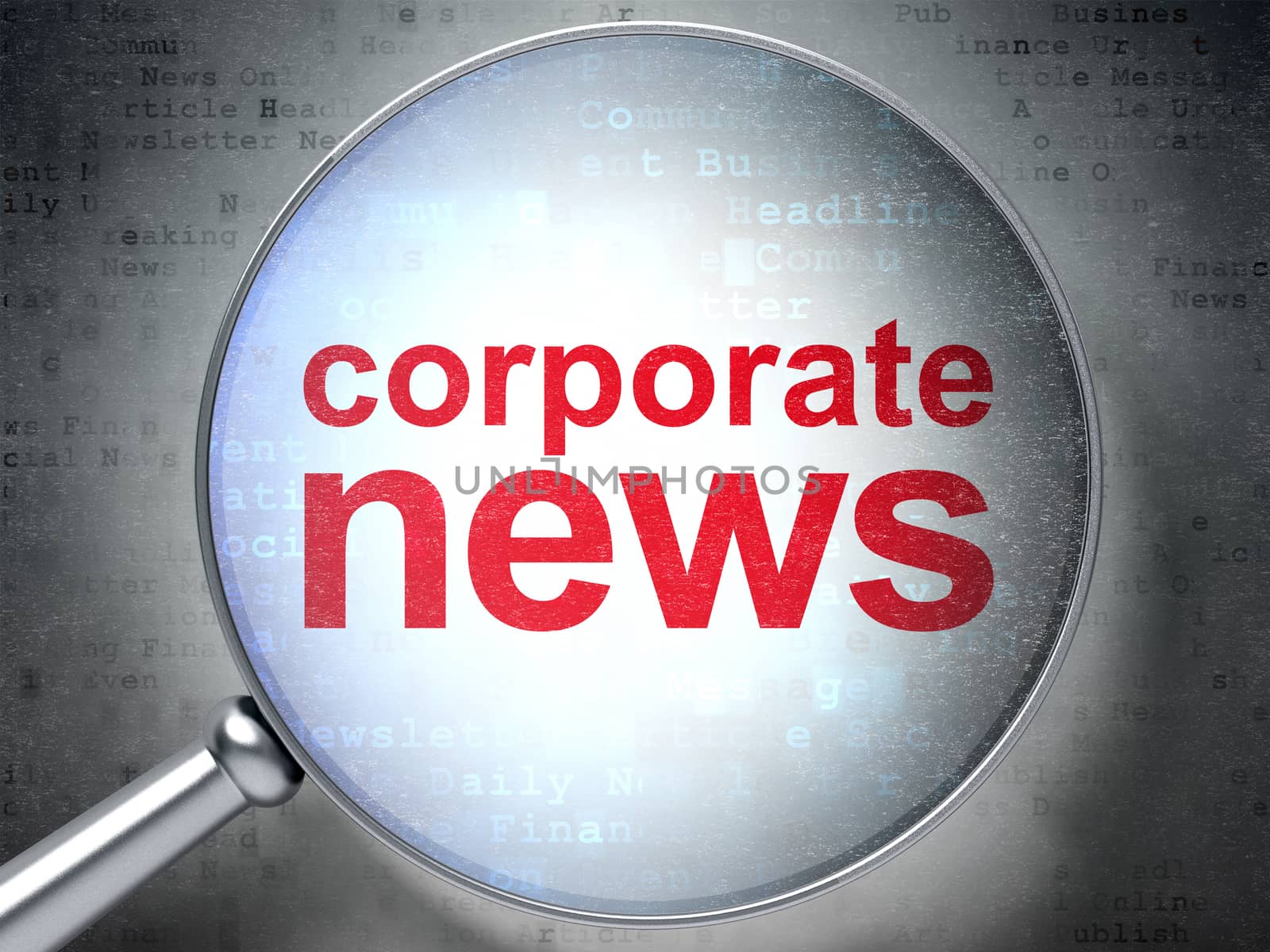 News concept: magnifying optical glass with words Corporate News on digital background, 3D rendering