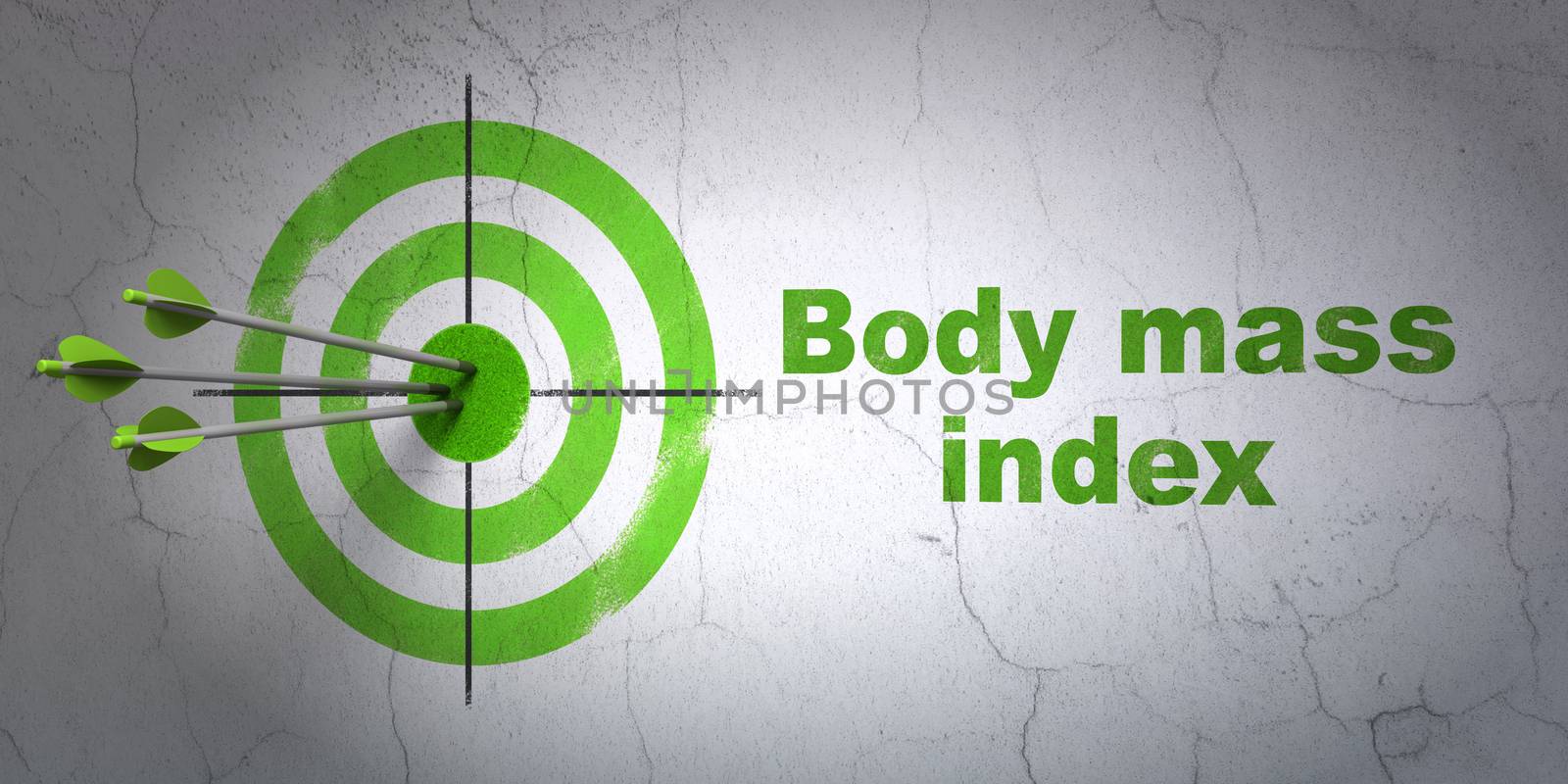 Success Medicine concept: arrows hitting the center of target, Green Body Mass Index on wall background, 3D rendering