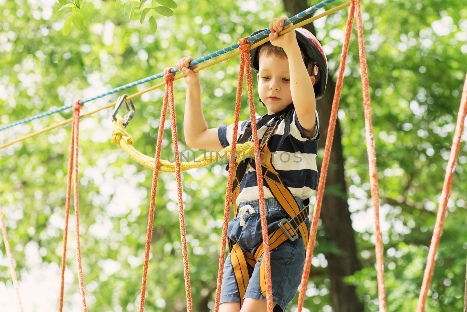 Kids climbing in adventure park. Boy enjoys climbing in the ropes course adventure. Child climbing high wire park. Happy boys playing at adventure park, holding ropes and climbing wooden stairs.