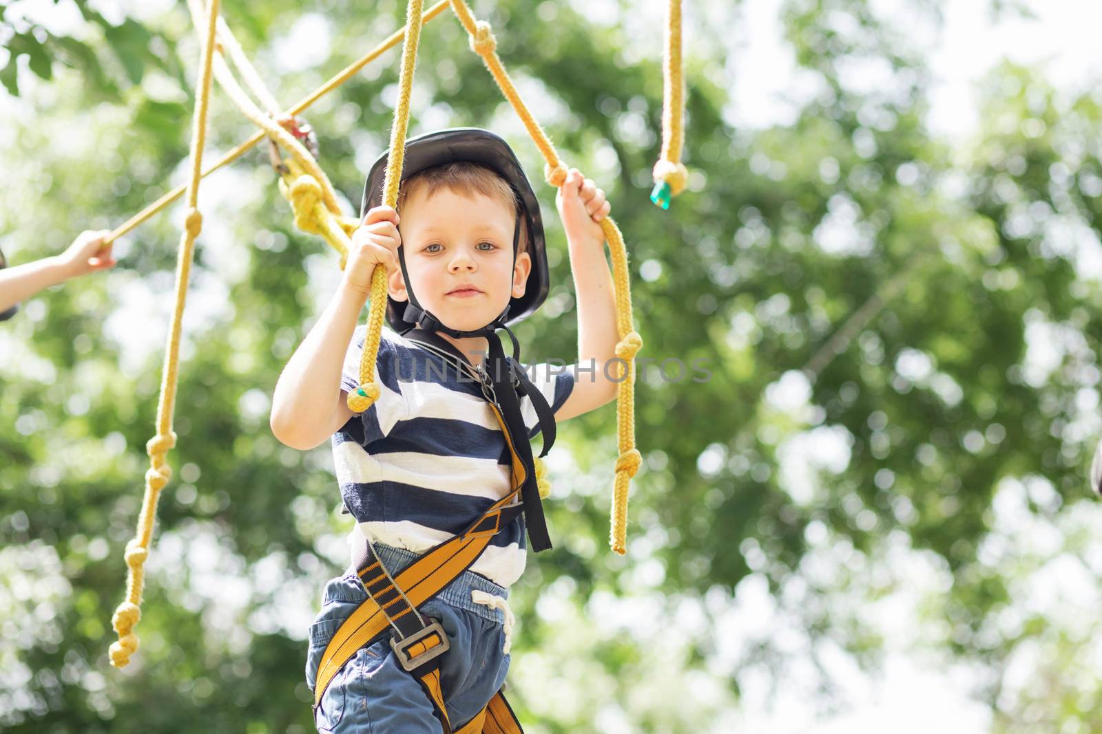 Kids climbing in adventure park. Boy enjoys climbing in the ropes course adventure. Child climbing high wire park. Happy boys playing at adventure park, holding ropes and climbing wooden stairs.