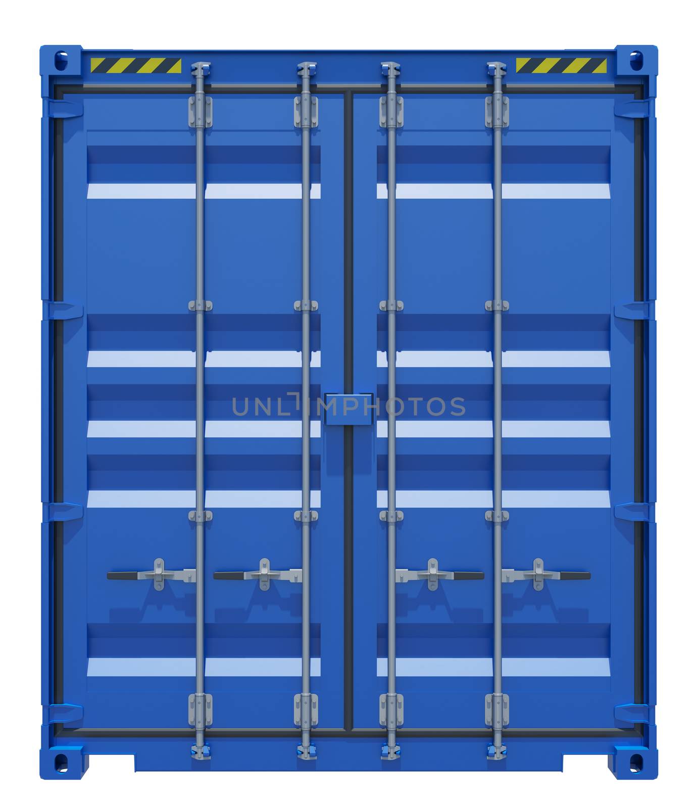 3d rendering of blue shipping container. Front view. Isolated on white