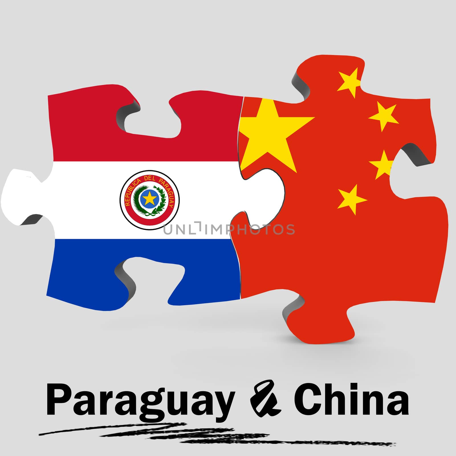 China and Paraguay Flags in puzzle isolated on white background, 3D rendering